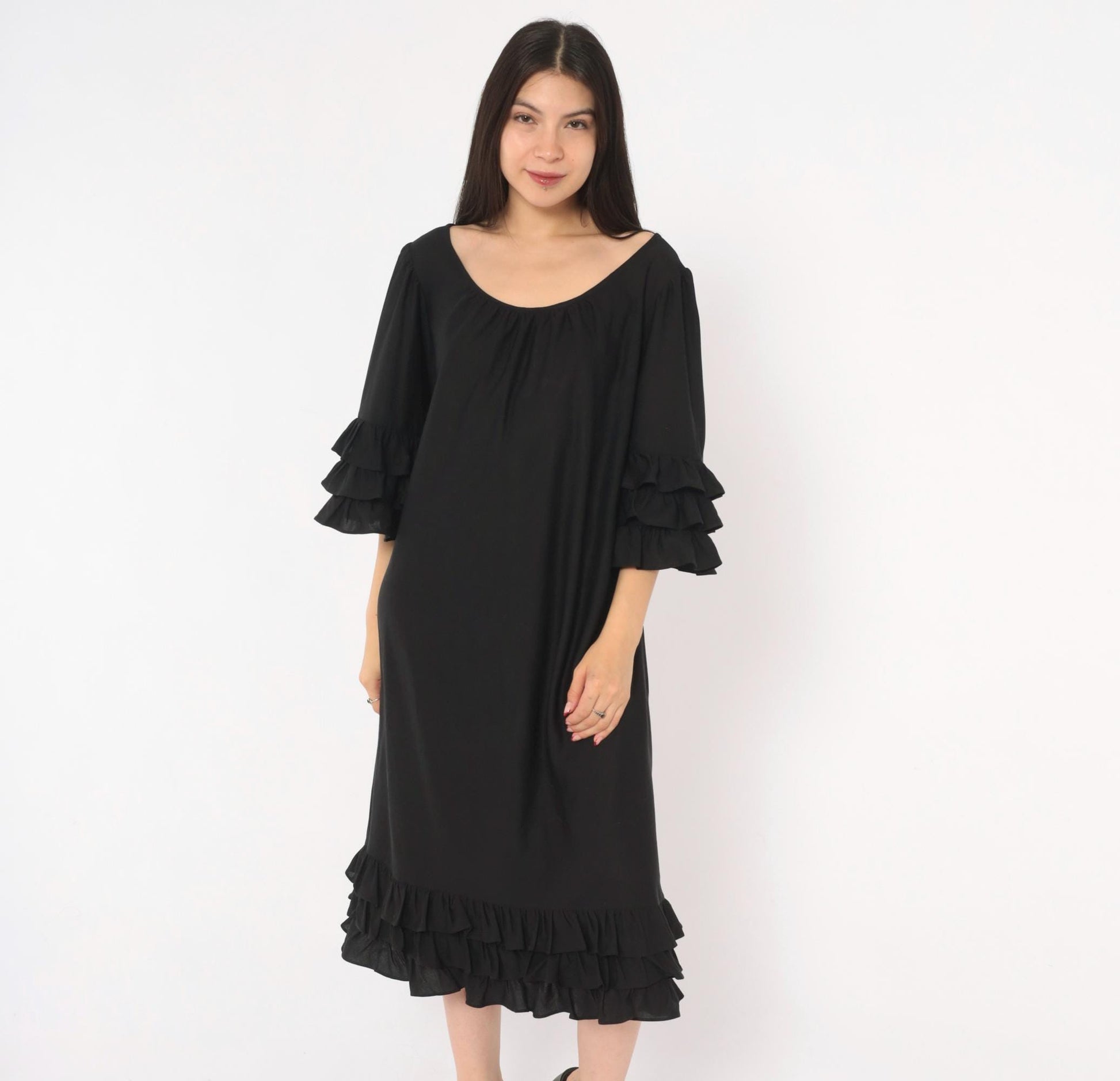 70s Black Midi Dress Ruffle Sleeve Tiered Hem Pullover Large L