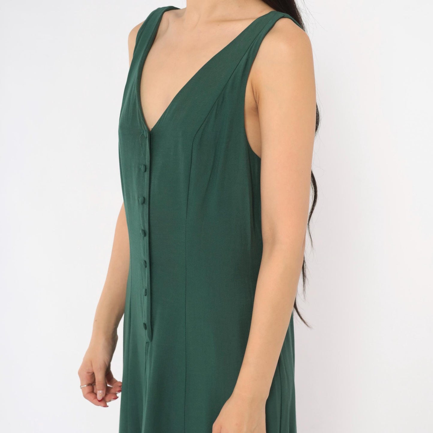 90s Olive Green Maxi Dress Sleeveless V Neck A Line Fitted Waist Medium M