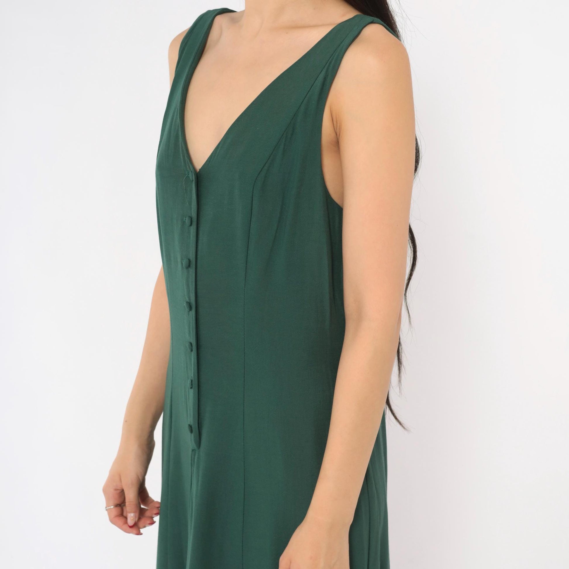 90s Olive Green Maxi Dress Sleeveless V Neck A Line Fitted Waist Medium M