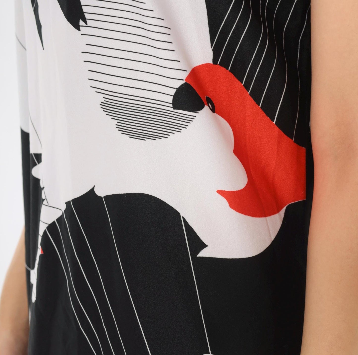 70s Tori Richard Crane Print Maxi Dress Black White Red Mandarin Collar Medium M