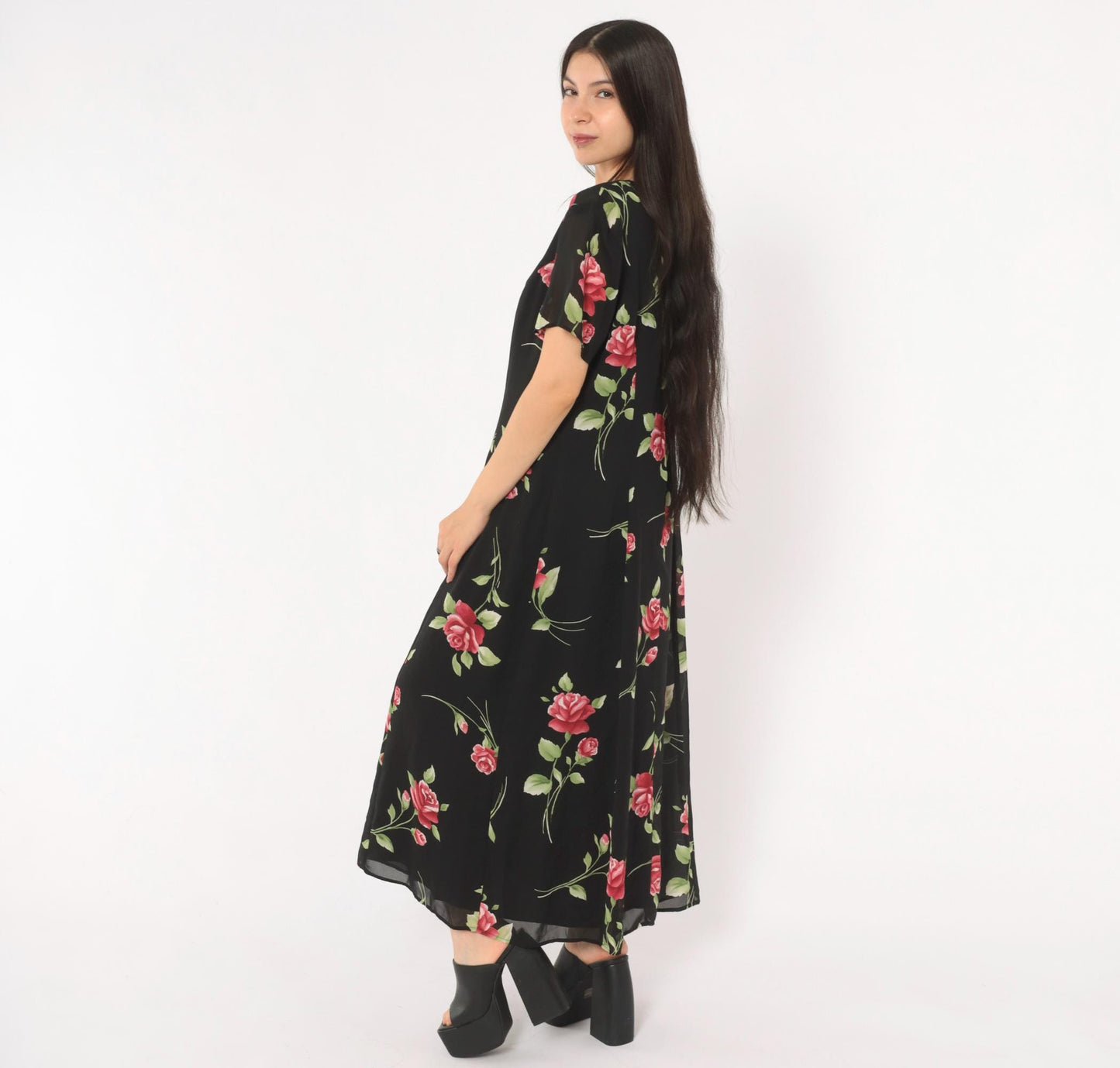 90s Black Rose Maxi Dress Floral Chiffon Scoop Neck A-Line Medium M