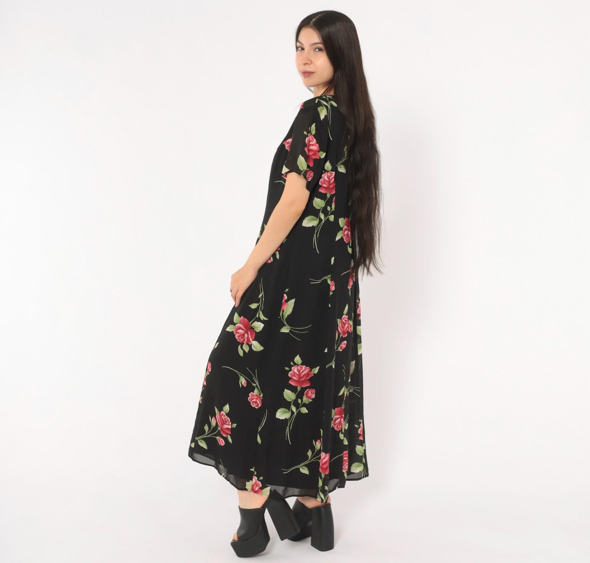 90s Black Rose Maxi Dress Floral Chiffon Scoop Neck A-Line Medium M
