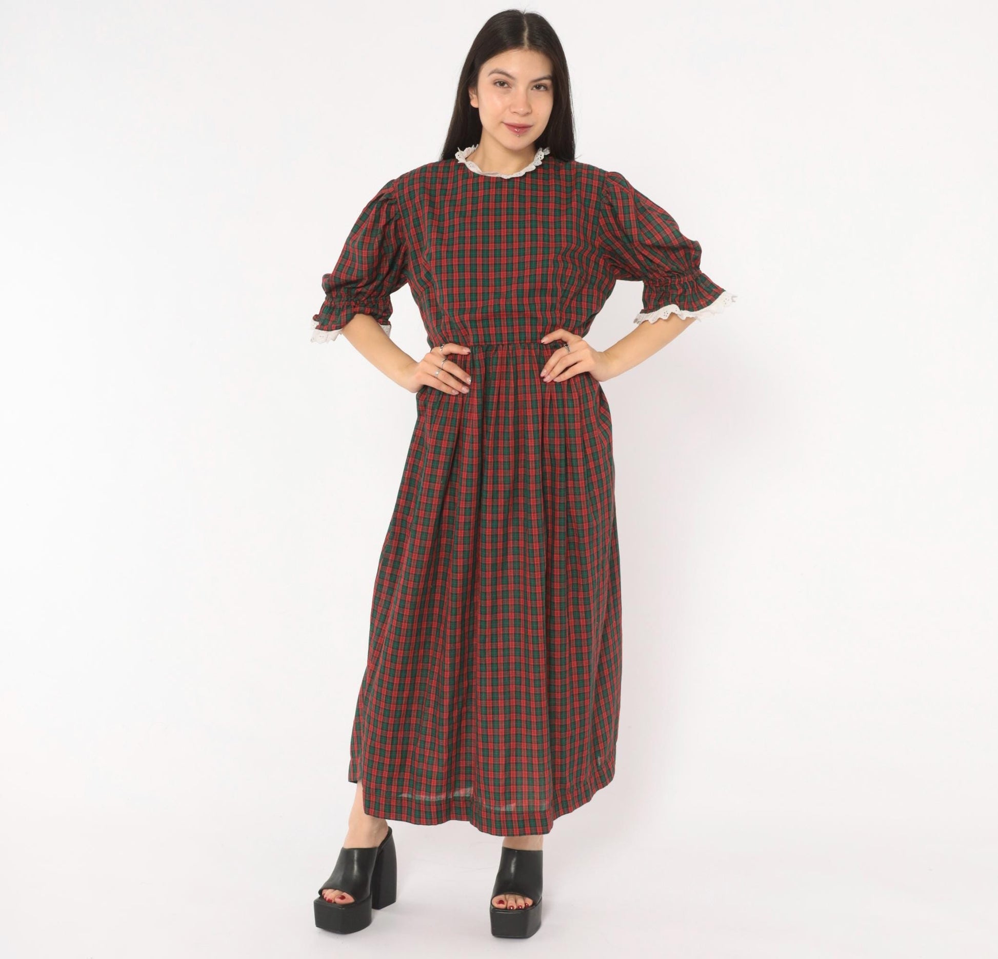 90s Red Green Tartan Maxi Dress Puff Sleeve Eyelet Lace Cotton Large L