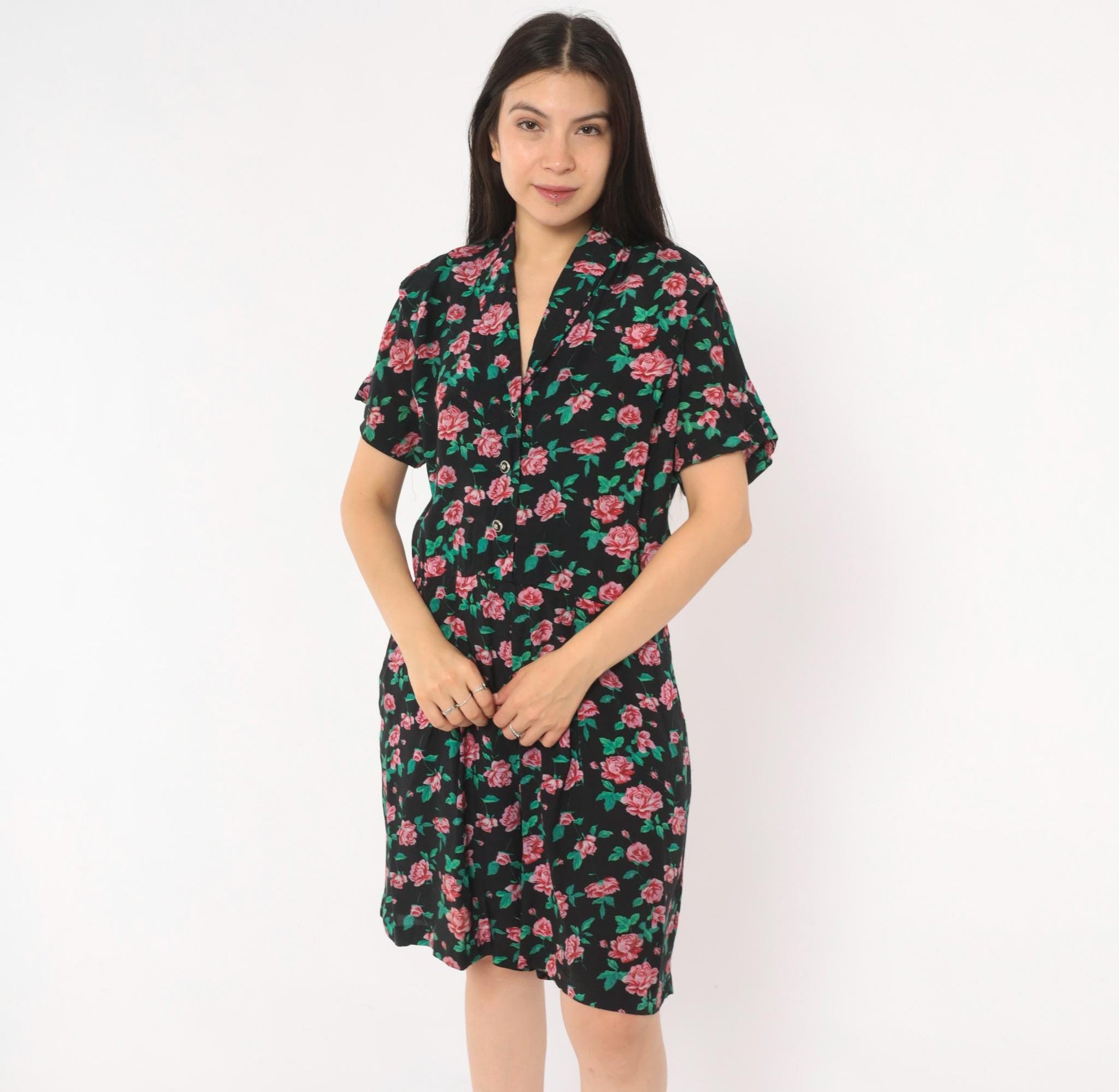 90s All That Jazz Floral Romper Black Pink Rose Print V-Neck Small S