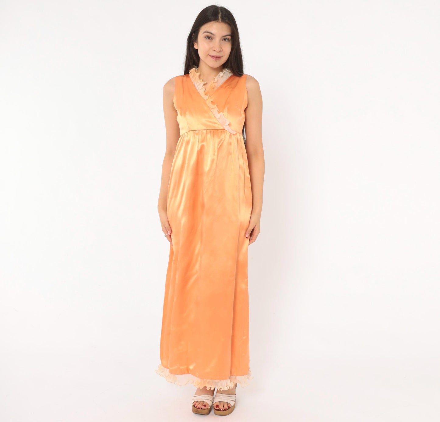 70s Peach Satin Nightgown Surplice V Neck Ruffle Lace Maxi Slip Extra Small XS