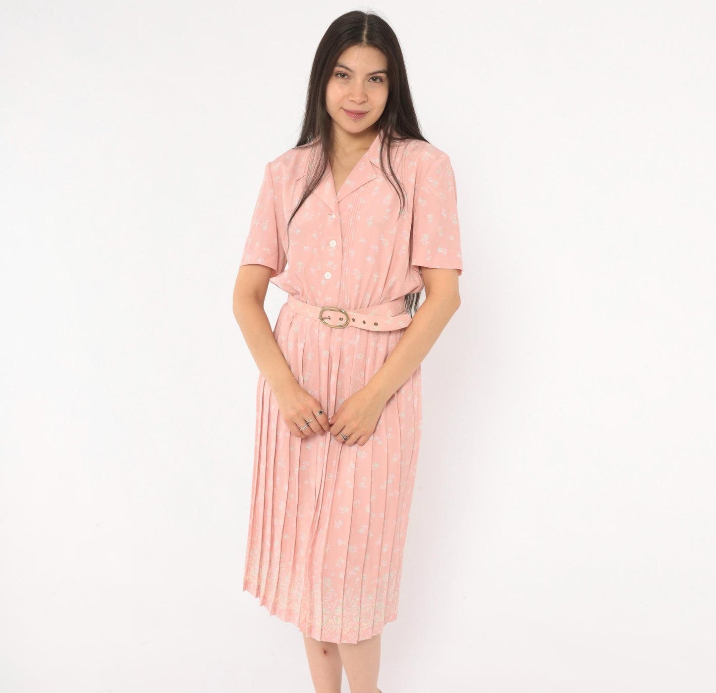 80s Leslie Fay Pink Floral Shirtdress Pleated Midi Notched Collar Small
