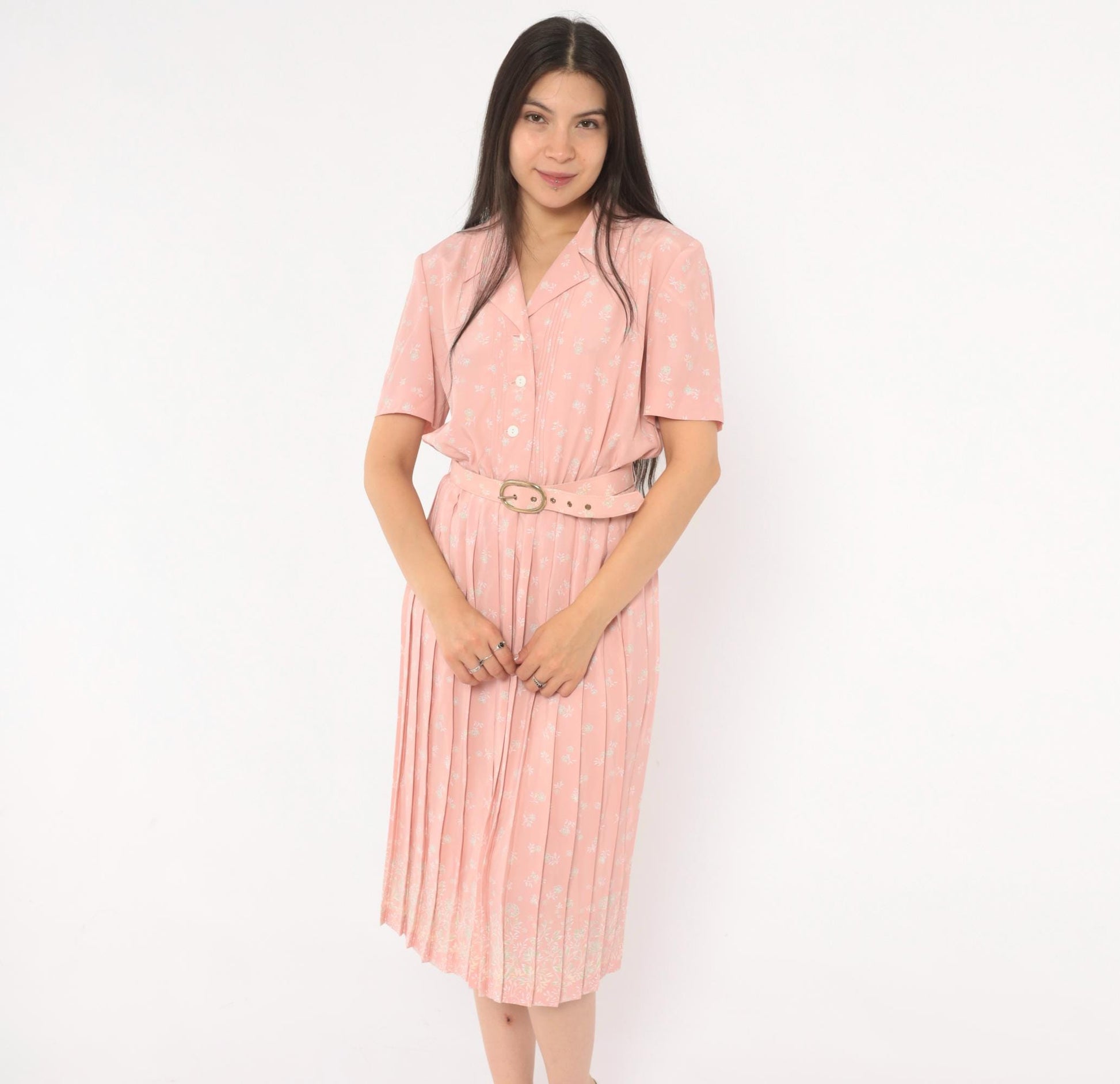 80s Leslie Fay Pink Floral Shirtdress Pleated Midi Notched Collar Small