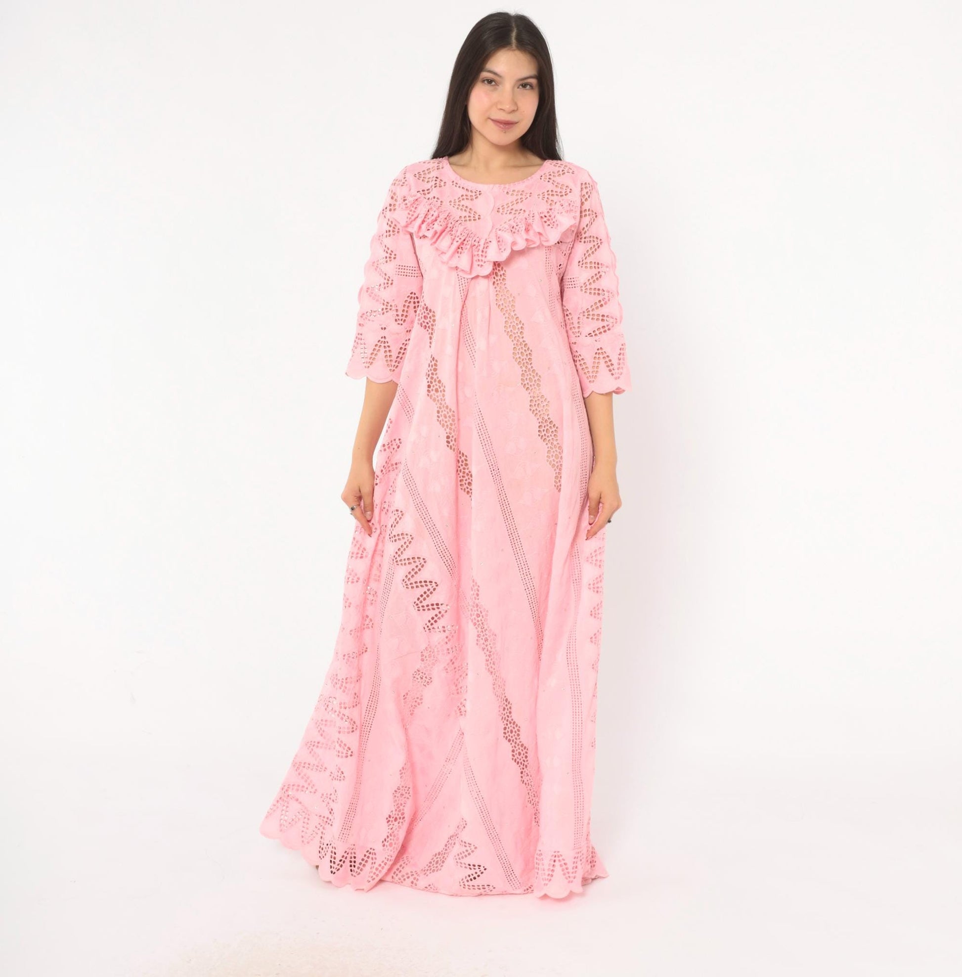 80s Pink Eyelet Lace Maxi Dress Cutwork Embroidered Puff Sleeve Medium M