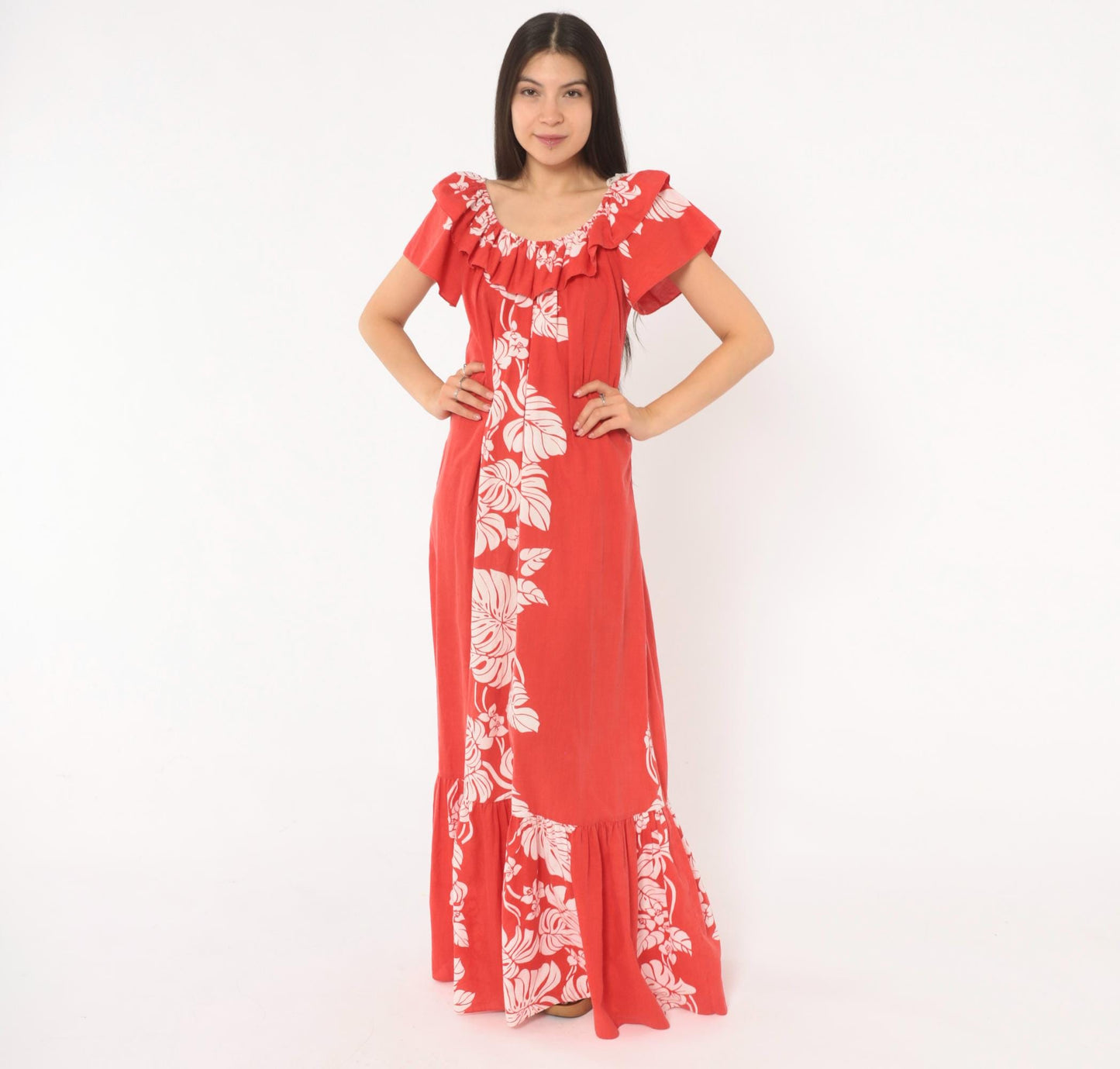 80s Hilo Hattie Hawaiian Muumuu Red Monstera Floral Maxi Dress Large