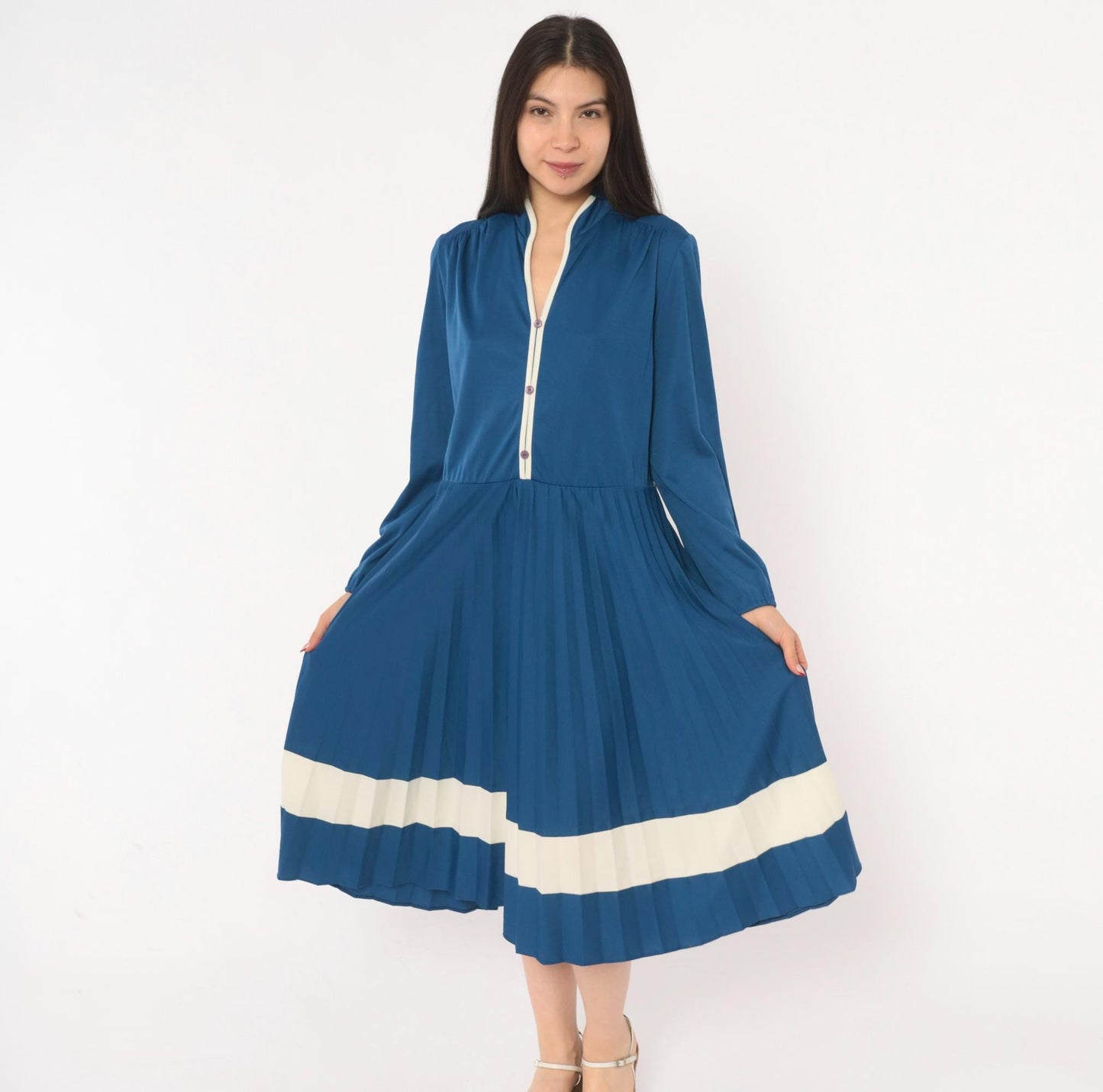 70s Navy Blue Pleated Dress Stand Collar Button Front Balloon Sleeve Large L