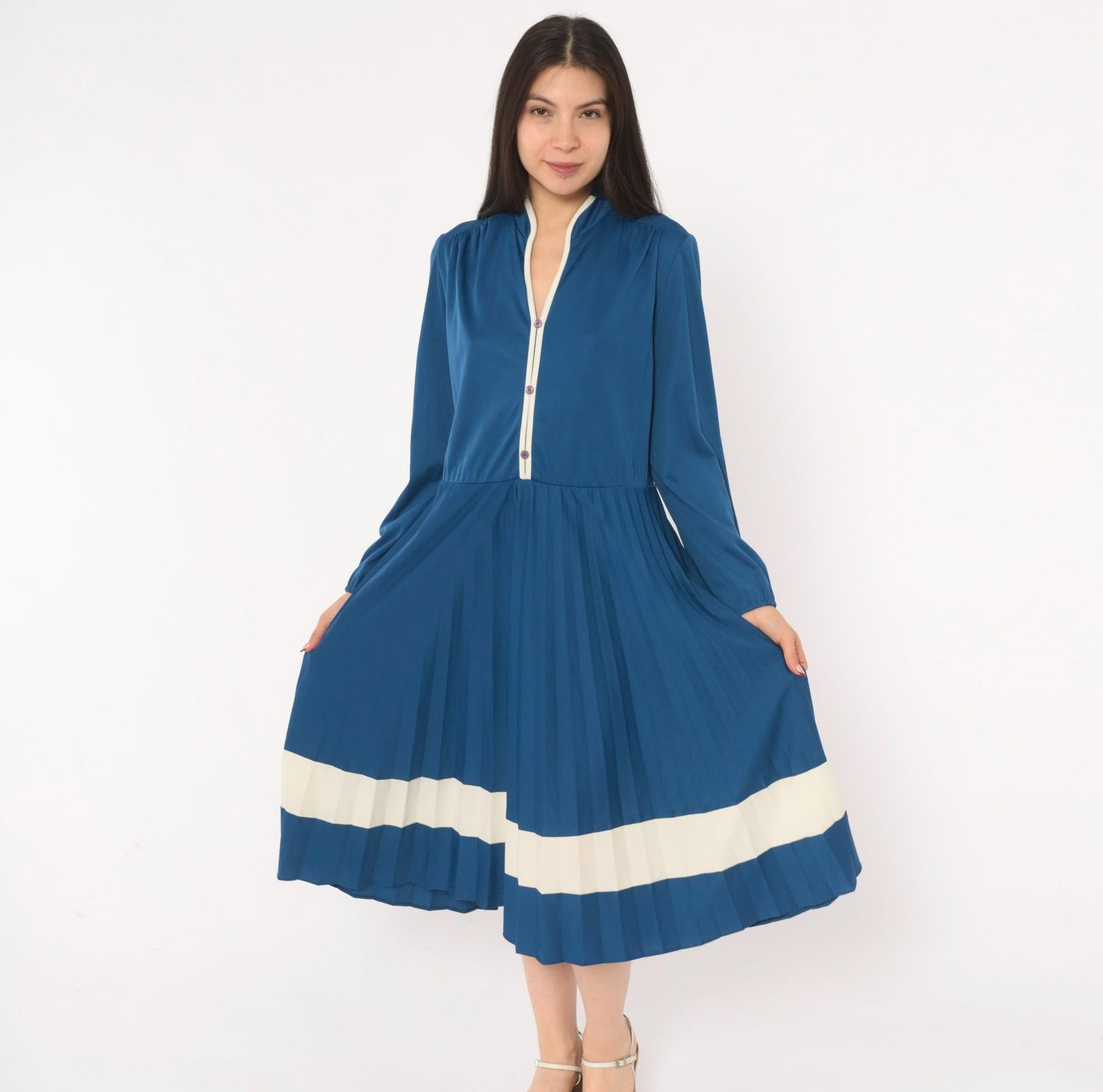 70s Navy Blue Pleated Dress Stand Collar Button Front Balloon Sleeve Large L
