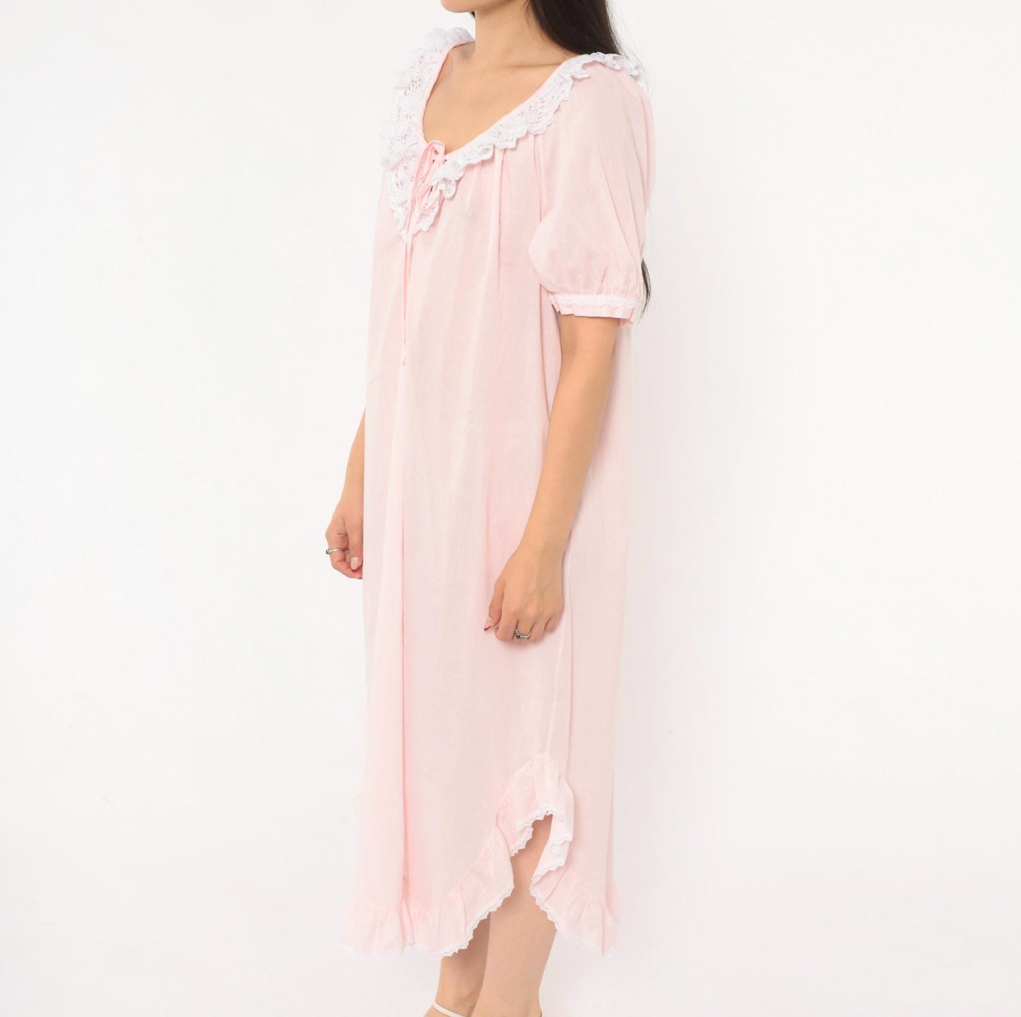 90s Apostrophe Pink Lace Nightgown Puff Sleeve Tie Front Medium M