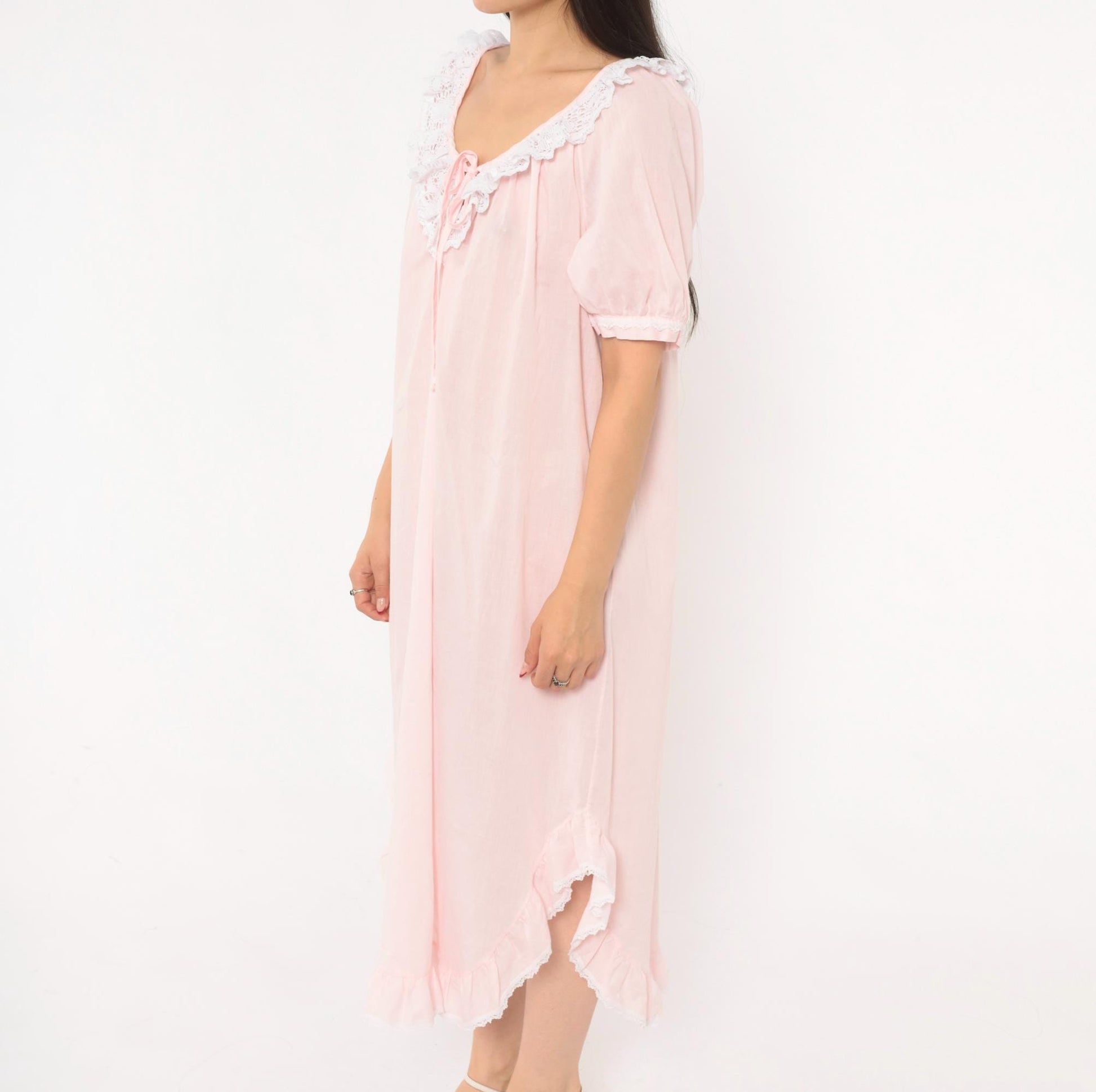 90s Apostrophe Pink Lace Nightgown Puff Sleeve Tie Front Medium M