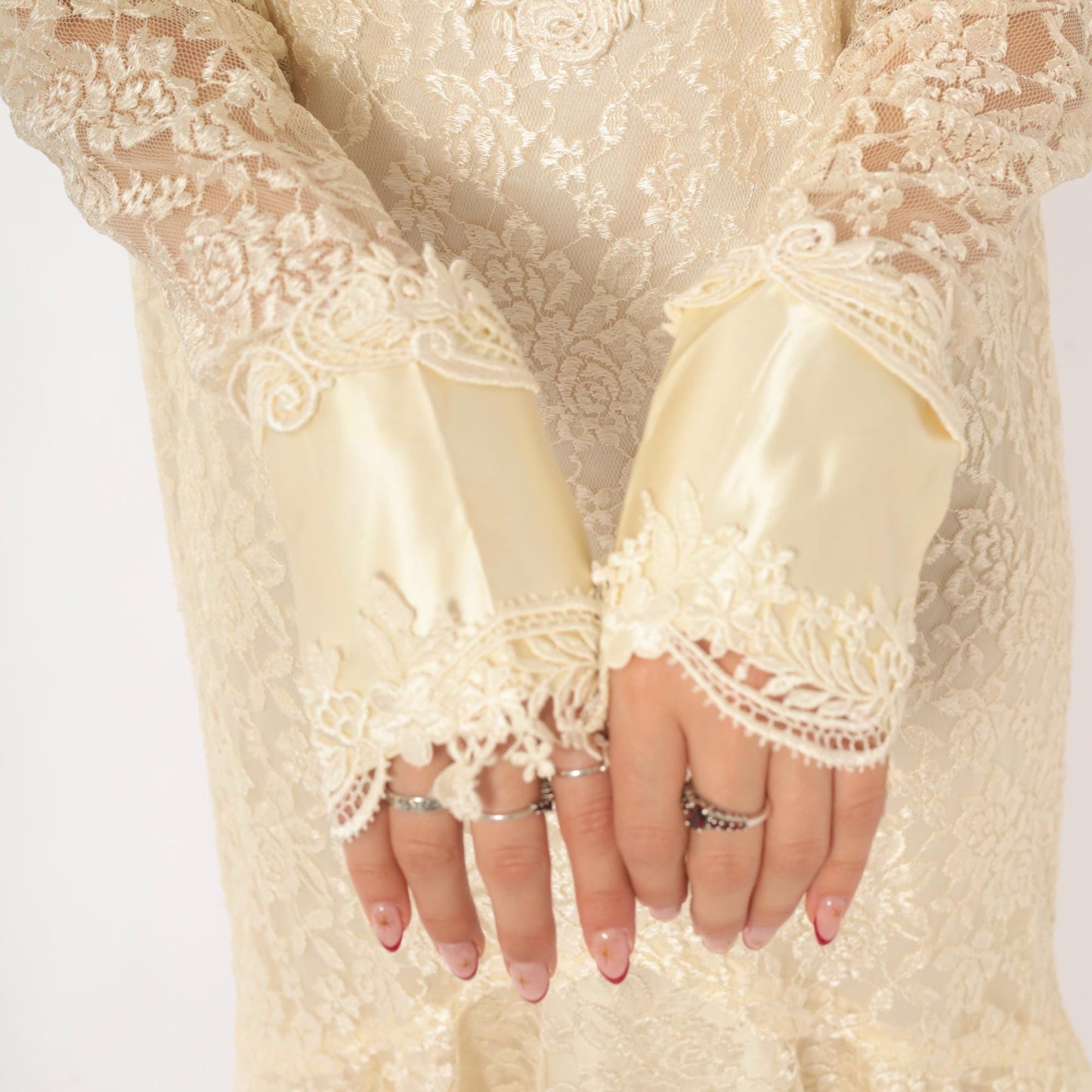 80s Jessica Mclintock Cream Lace Mermaid Wedding Dress High Neck Satin Bib Medium M