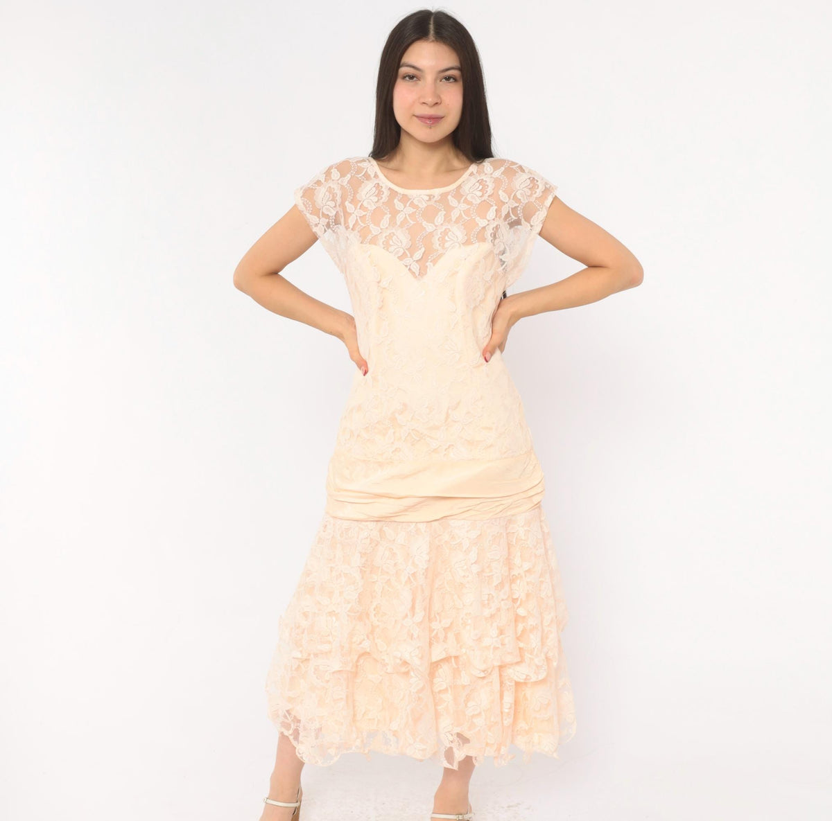 80s Peach Lace Midi Dress Drop Waist Sweetheart Neckline Cap Sleeve Small S