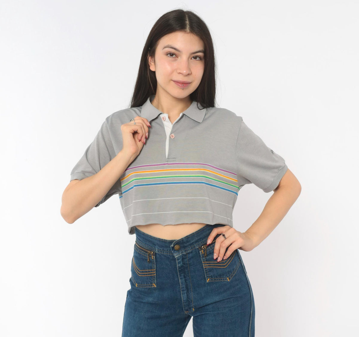 80s Rainbow Stripe Crop Polo Grey Cotton Short Sleeve Medium M