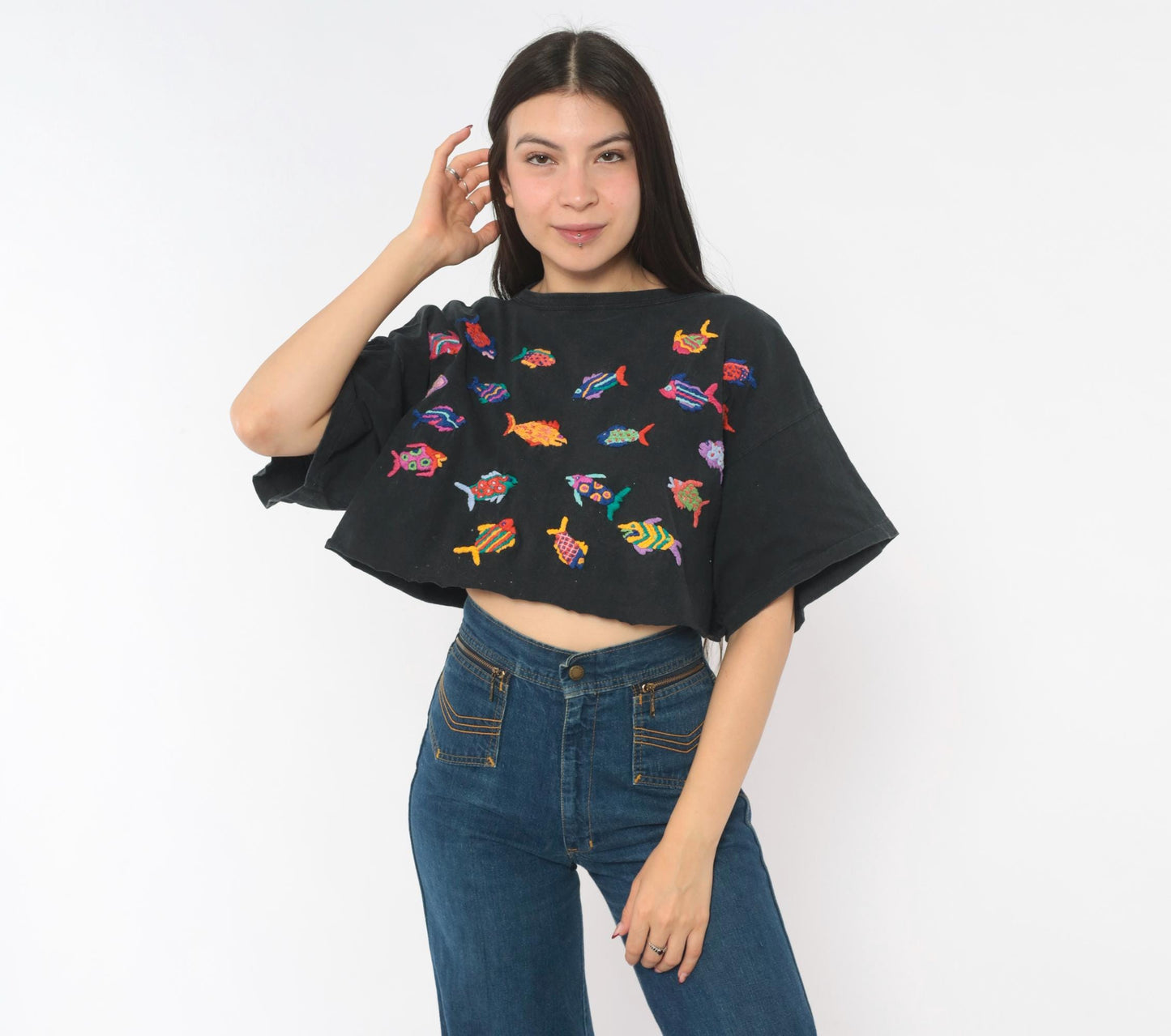 90s Las Manos Embroidered Fish Crop Top Black Cotton Rainbow Tropical Medium