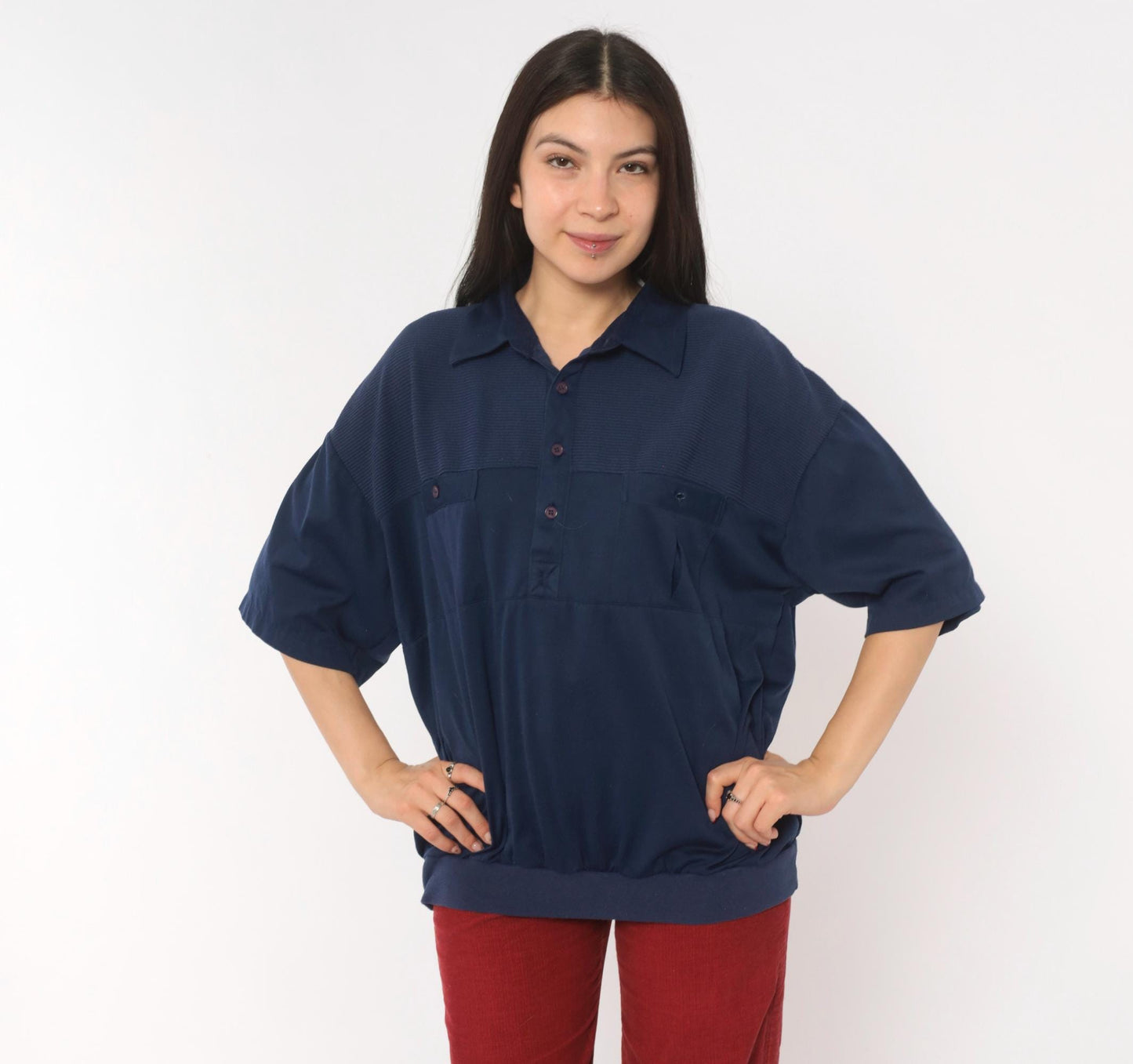 90s Navy Polo Shirt Classics Ribbed Yoke Button Front Knit Extra Large XL