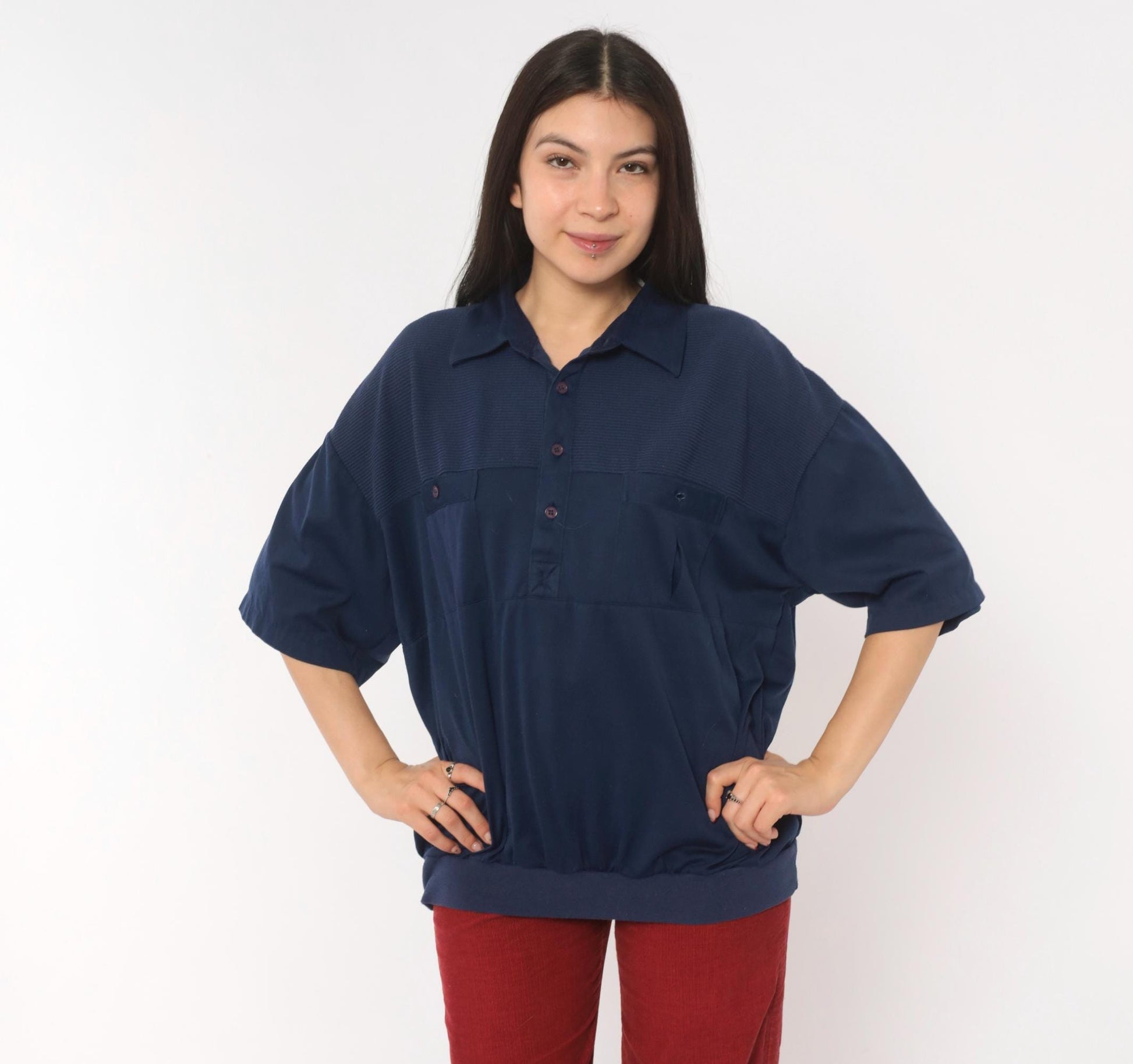 90s Navy Polo Shirt Classics Ribbed Yoke Button Front Knit Extra Large XL