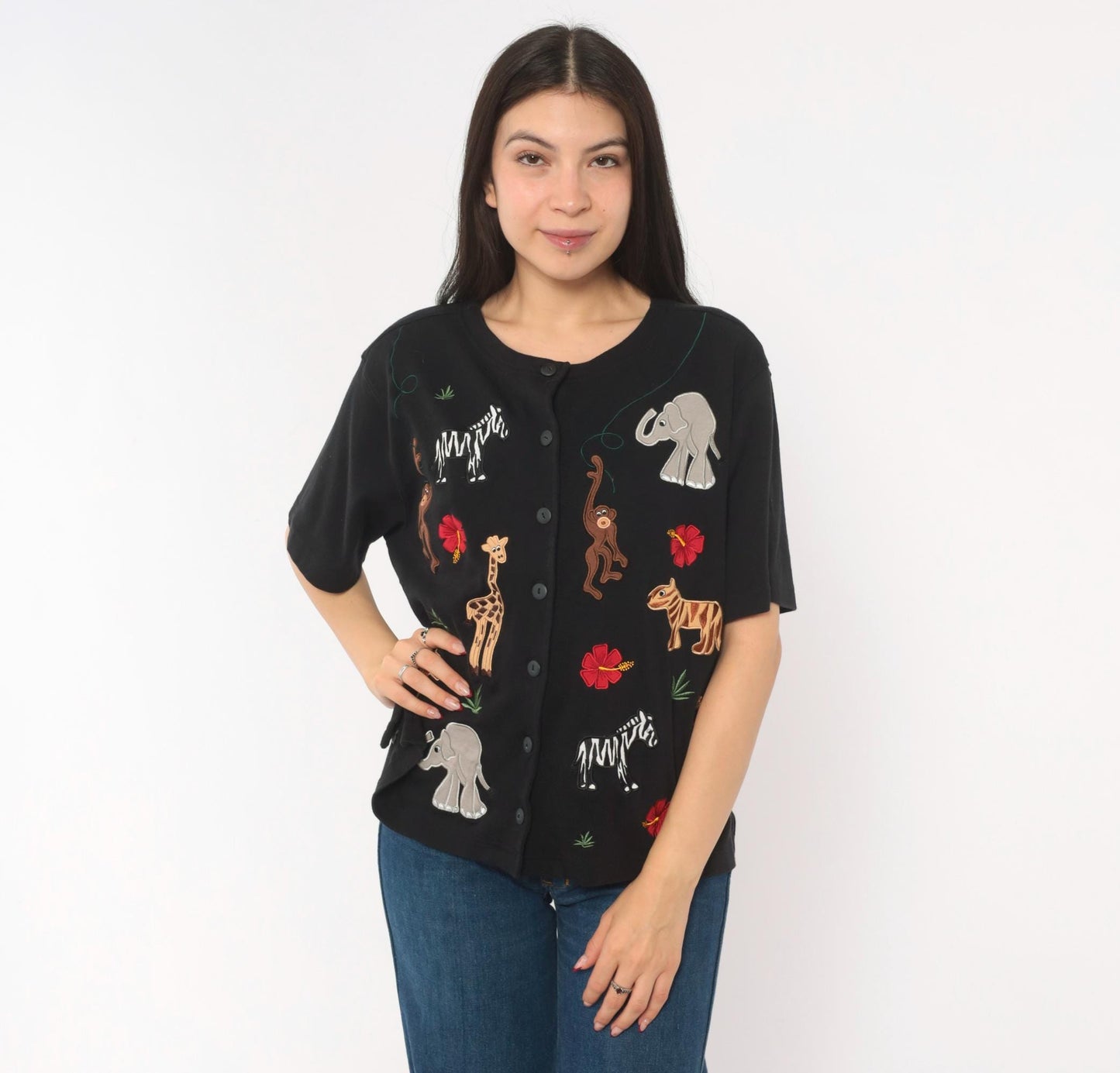 90s Bechamel Safari Animal Applique Cardigan Black Cotton Button Front Large L