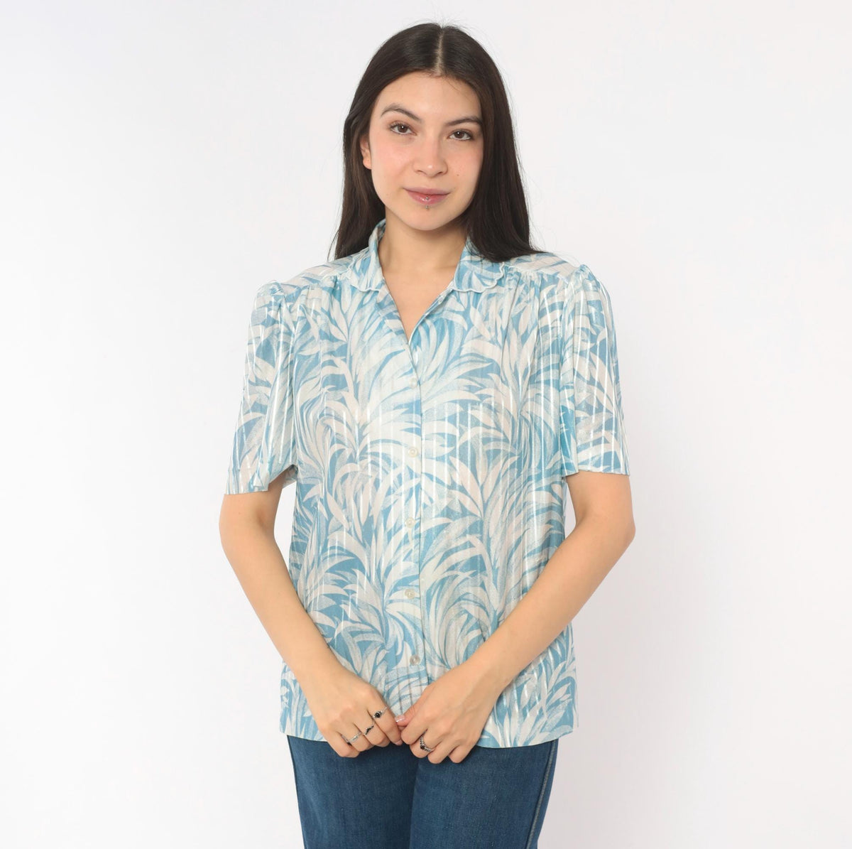 70s Graff Palm Leaf Blouse Blue White Tropical Print Button-Up Medium