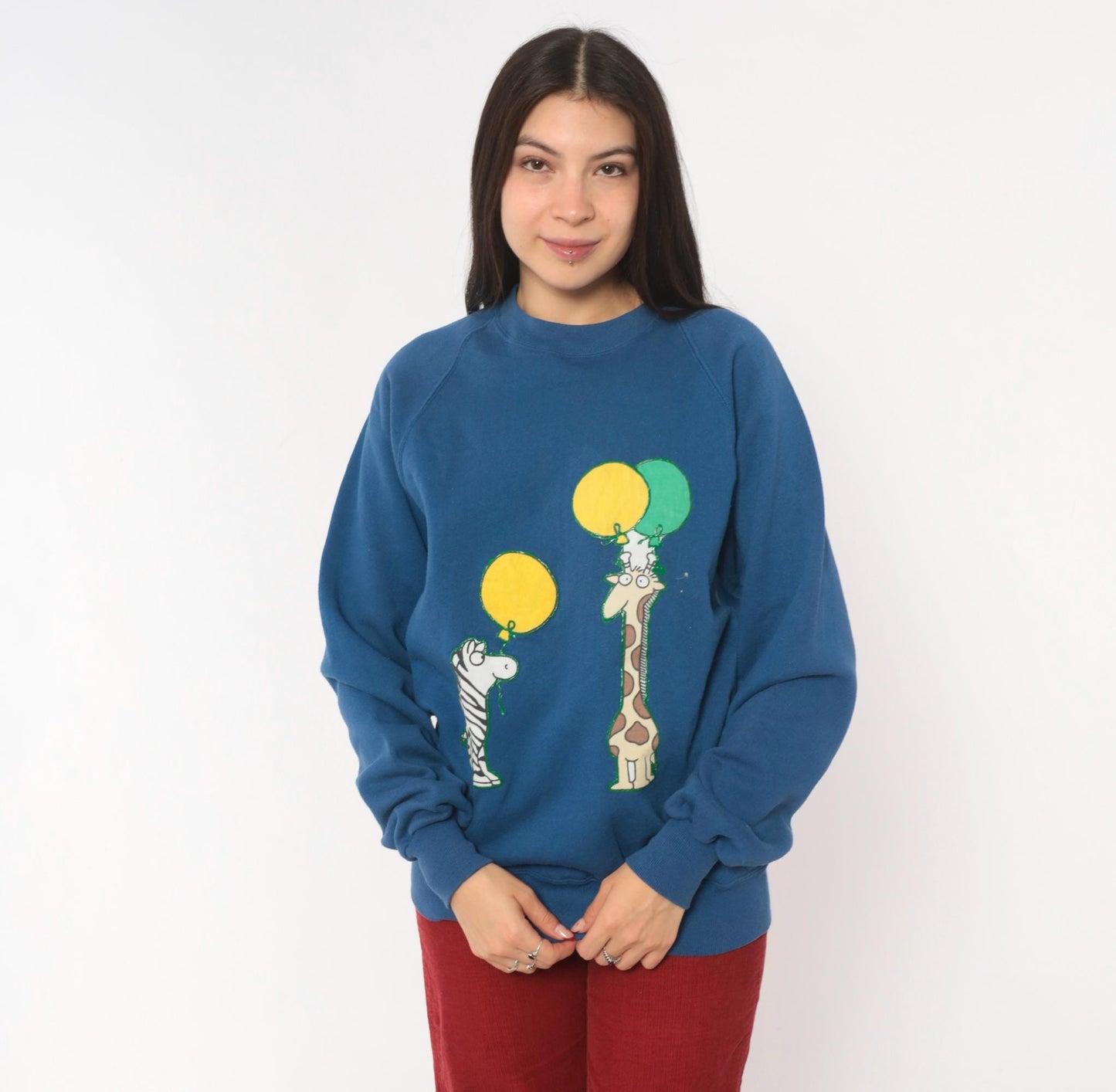 90s Jerzees Zebra Giraffe Balloon Sweatshirt Blue Raglan Applique Cotton Large