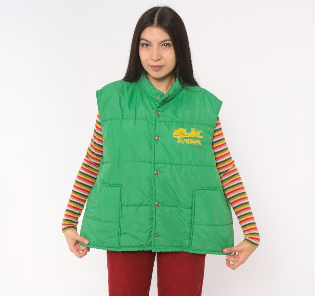 80s Green Puffer Vest San Luis Transport Graphic Snap Front Quilted Medium