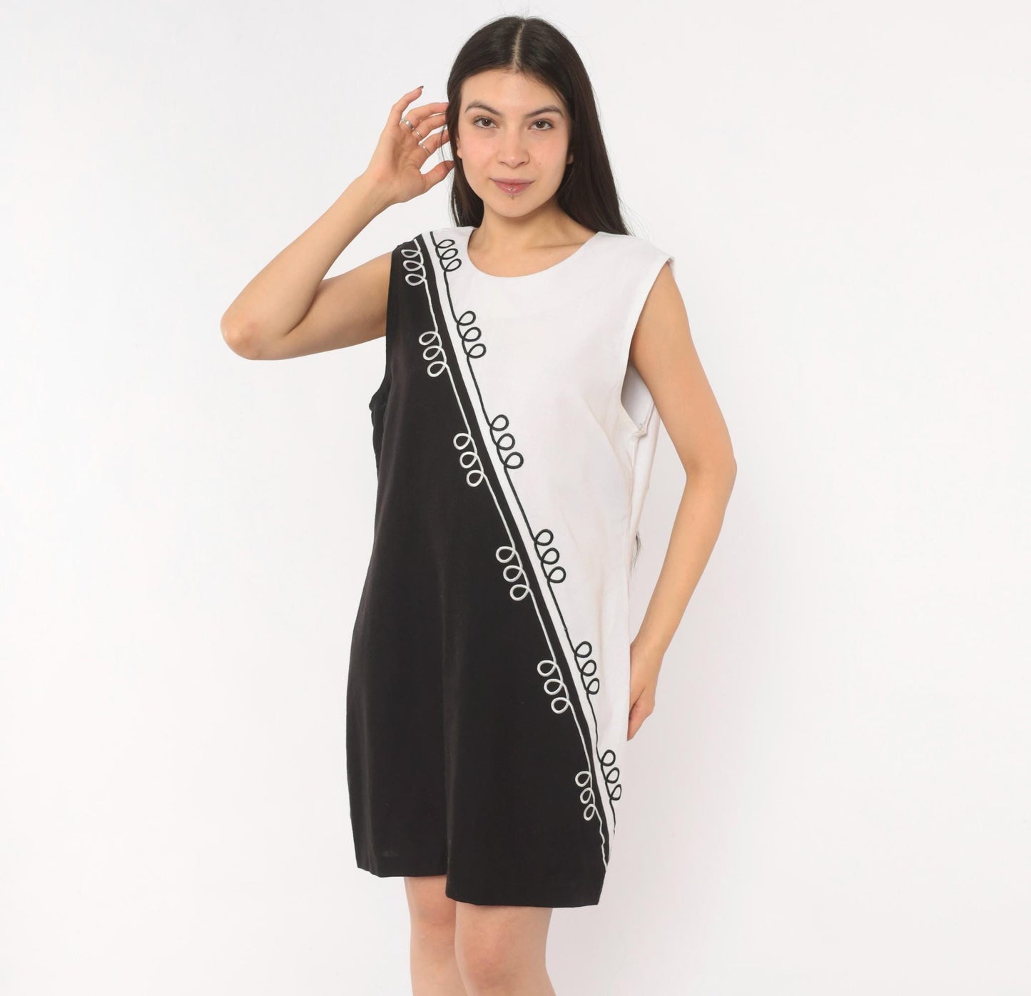 90s Sunshine Starshine Black White Colorblock Shift Dress Scoop Neck Large L