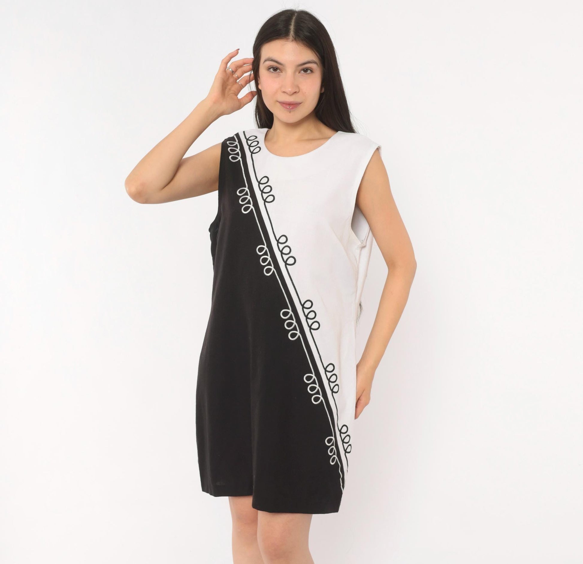 90s Sunshine Starshine Black White Colorblock Shift Dress Scoop Neck Large L