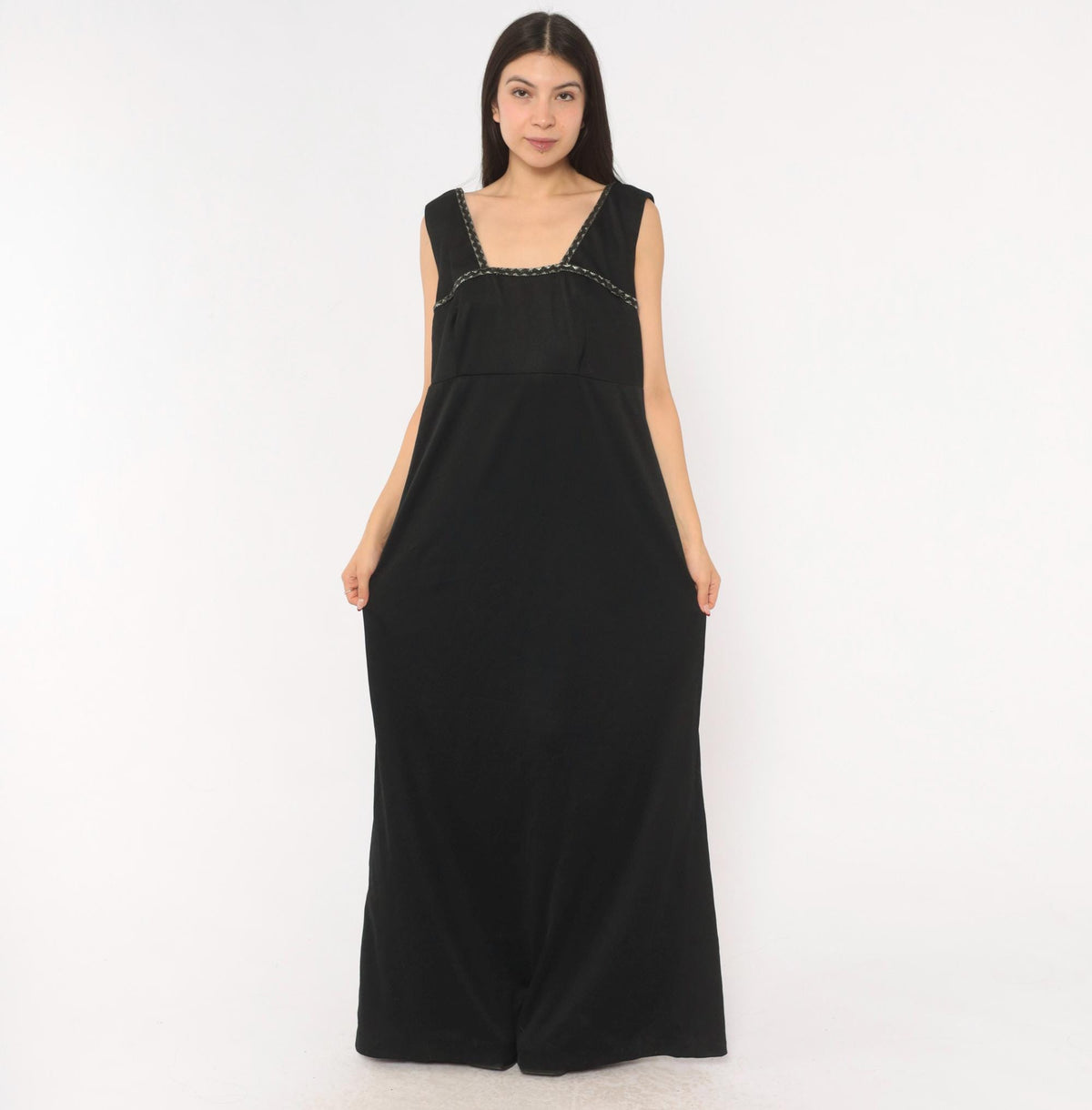 70s Black Maxi Dress Empire Waist Square Neckline Silver Braided Trim Extra Large