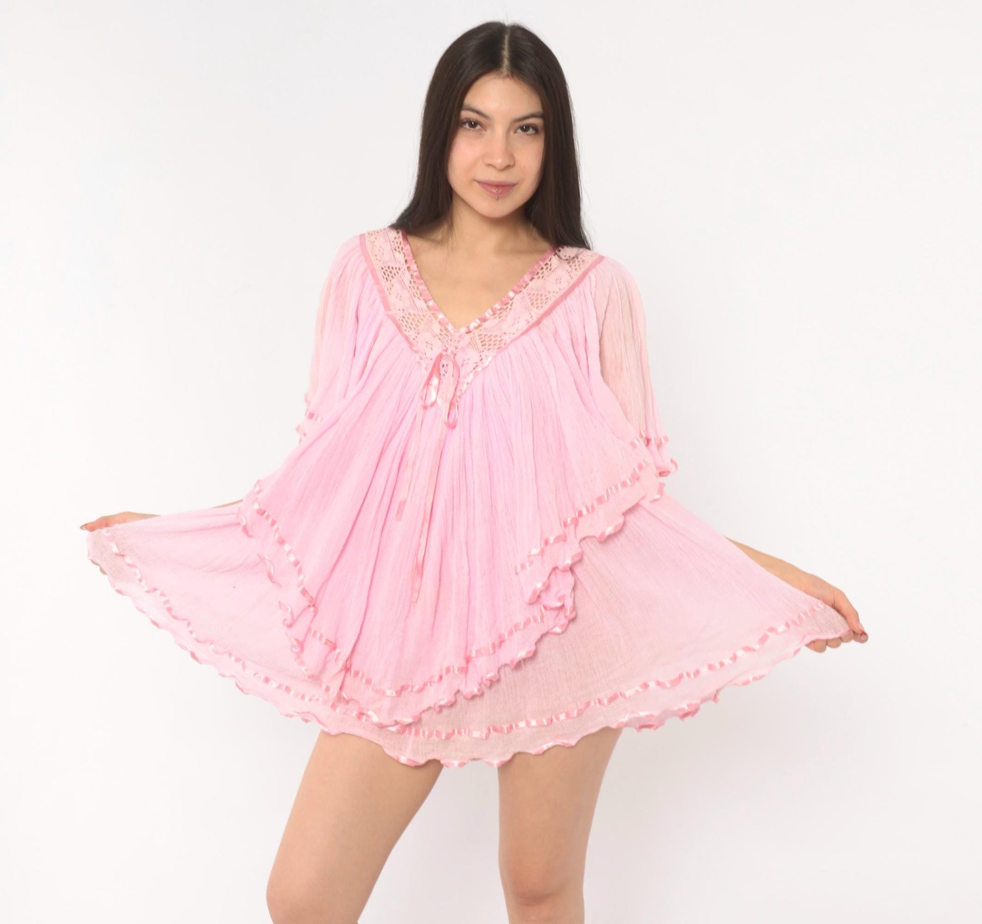 90s Pink Cotton Gauze Crochet V-Neck Blouse Ribbon Butterfly Sleeve Medium
