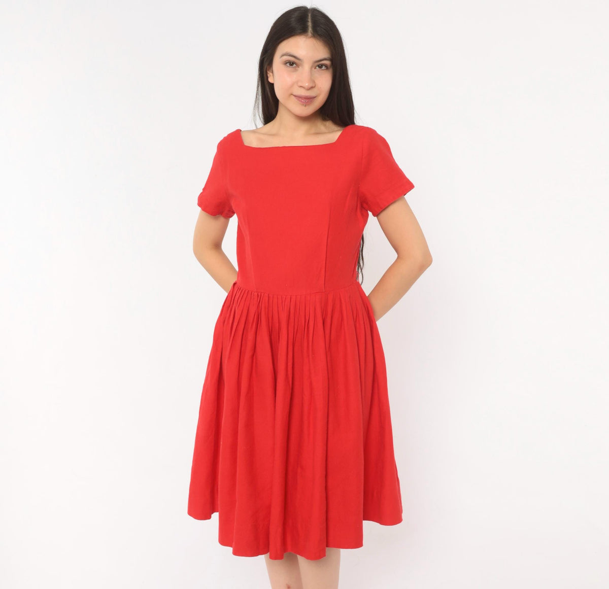 60s Frolic Time California Red Fit And Flare Dress Square Neckline Small S