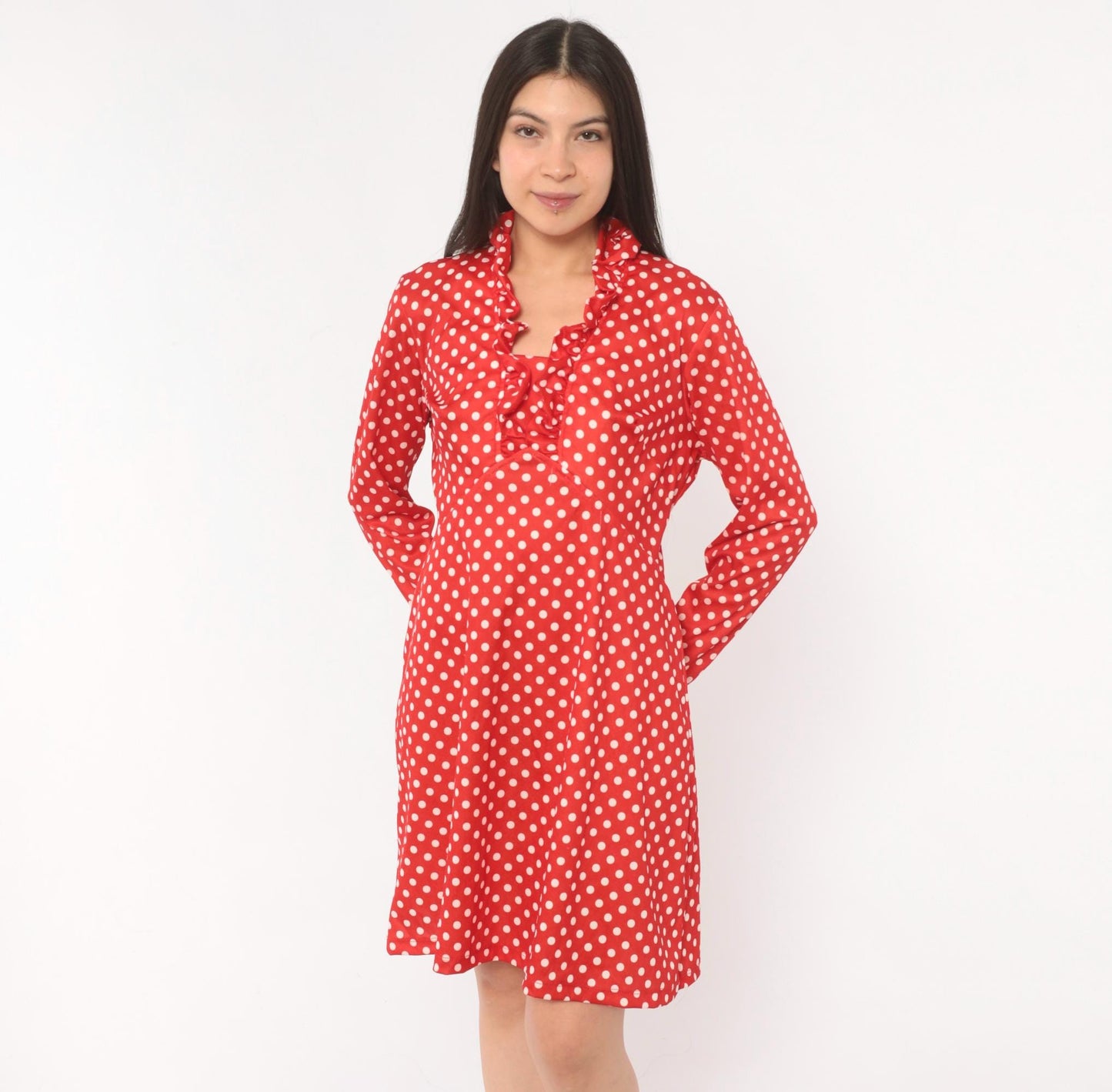 70s Red White Polka Dot Dress Long Sleeve V Neck Ruffle A Line Large