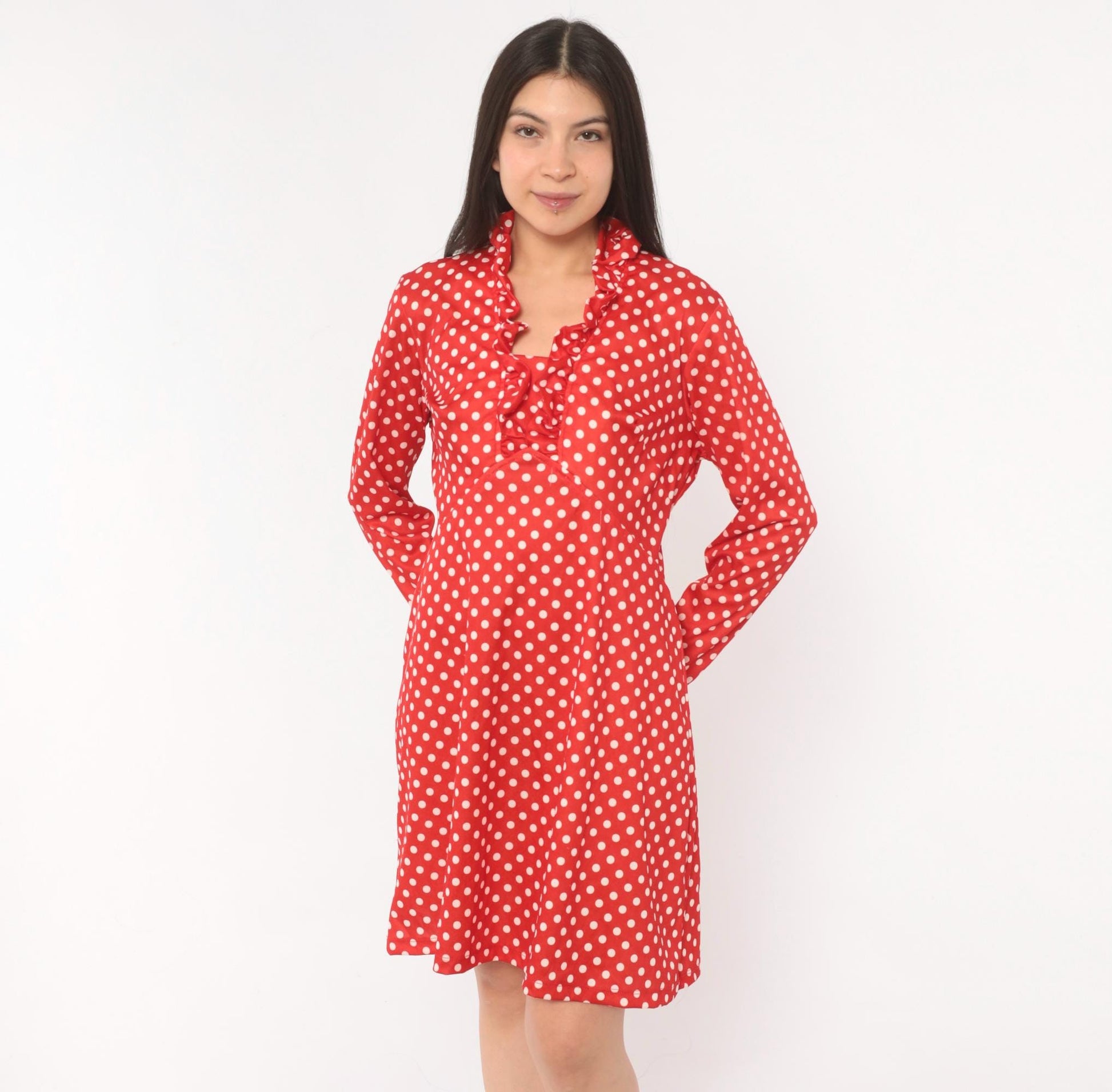 70s Red White Polka Dot Dress Long Sleeve V Neck Ruffle A Line Large