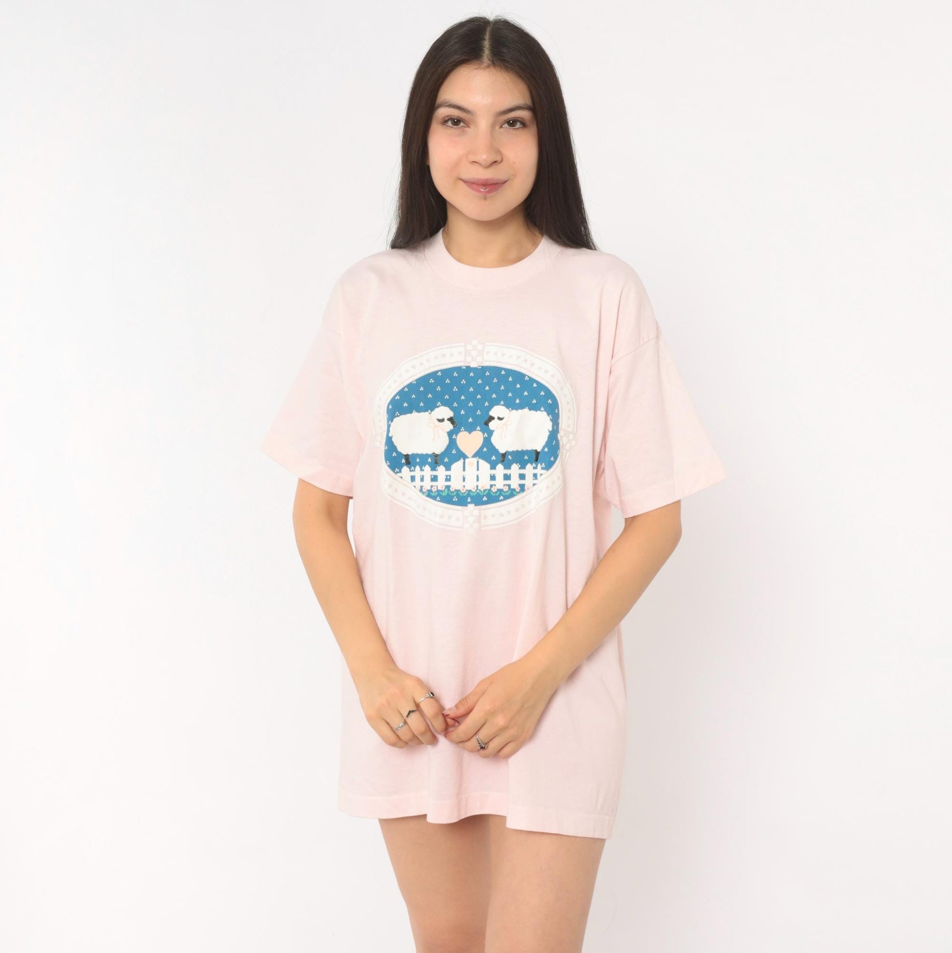 90s Screen Stars Sheep Heart Graphic Tee Pink Cotton Blush Print Extra Large XL