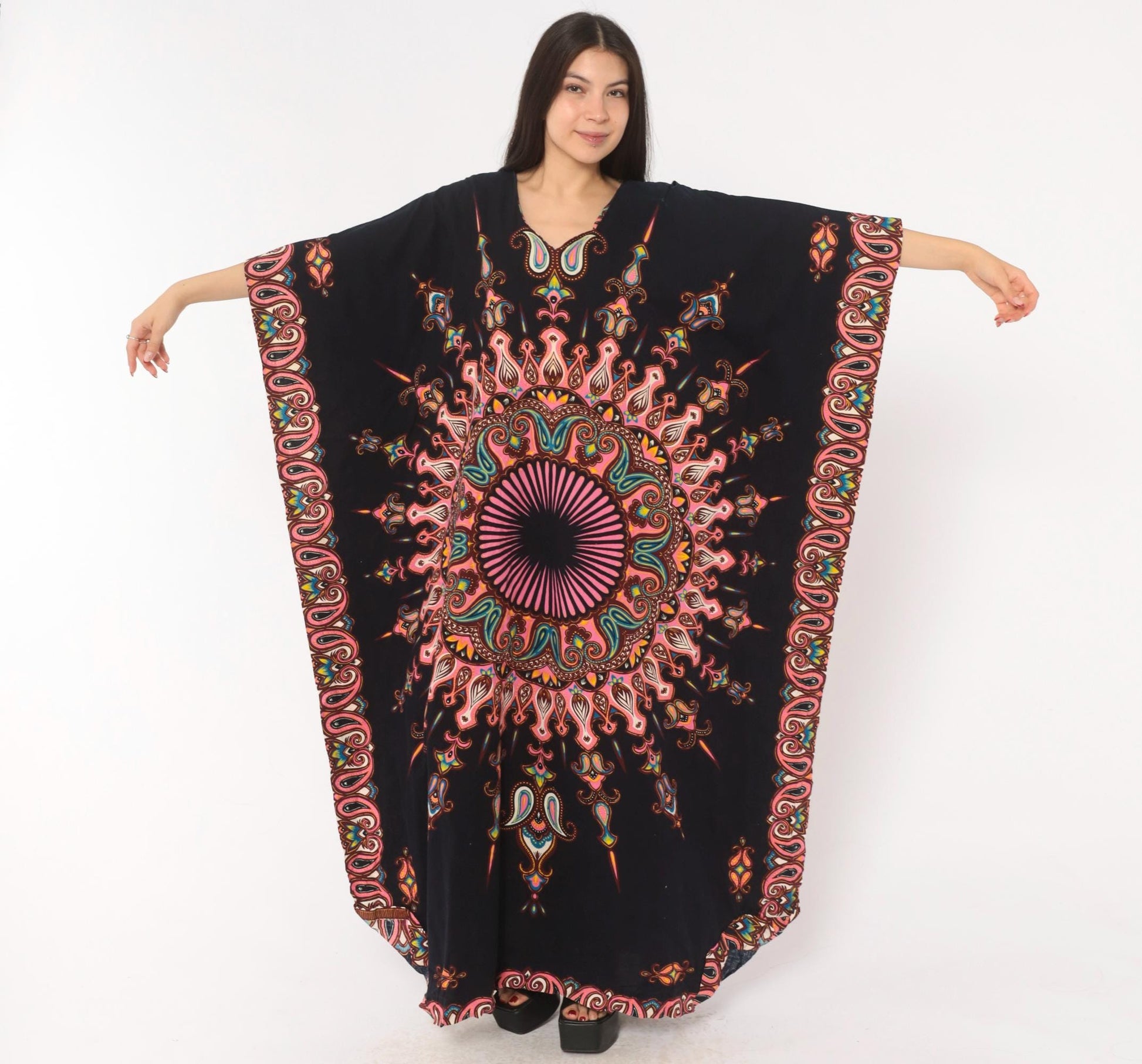 2000s Black Mandala Kaftan Paisley Print Pink V-Neck Bat Wing Maxi Dress One Size