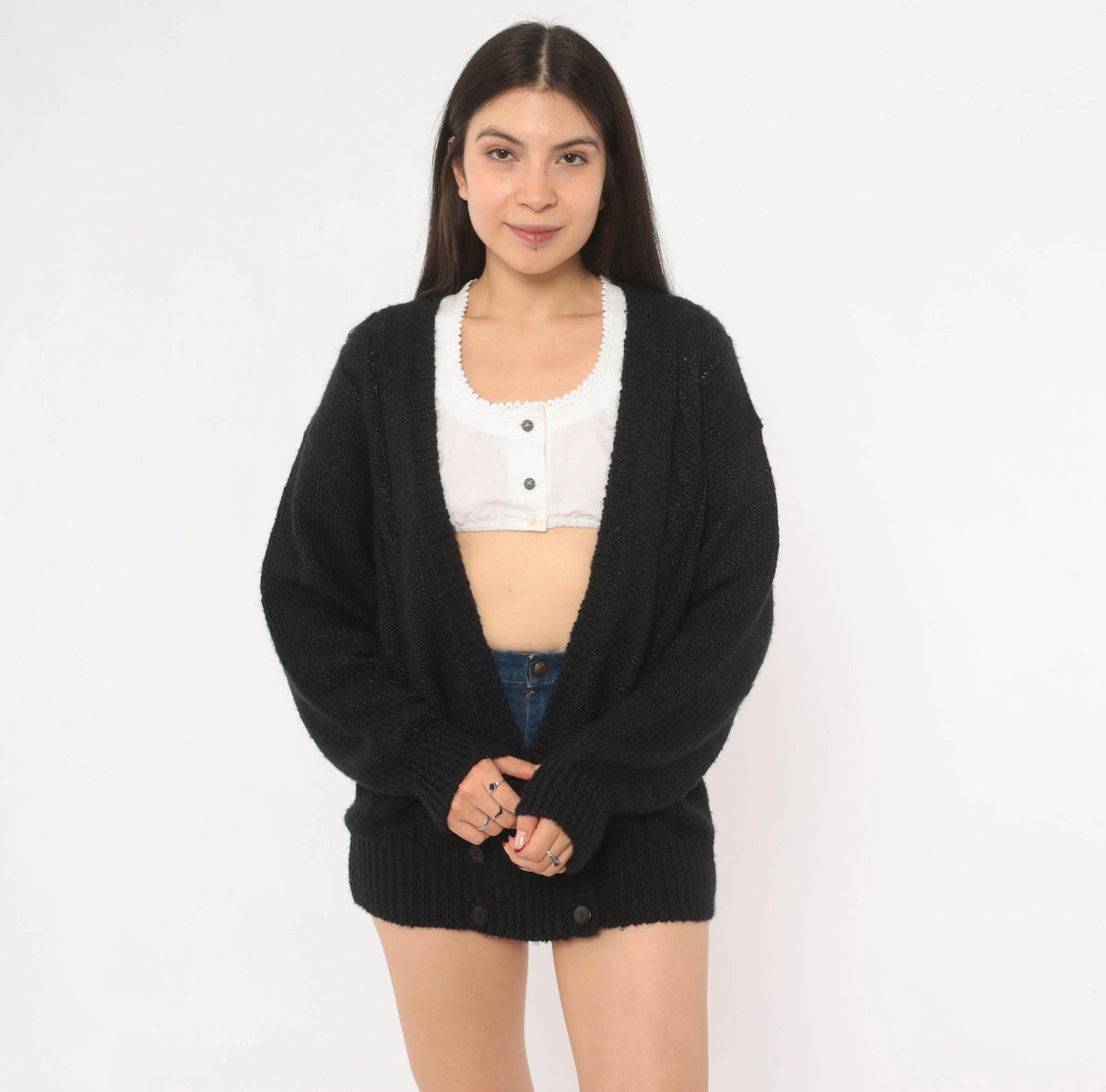 80s Black Double Breasted Cardigan Knit Sweater V Neck Medium M