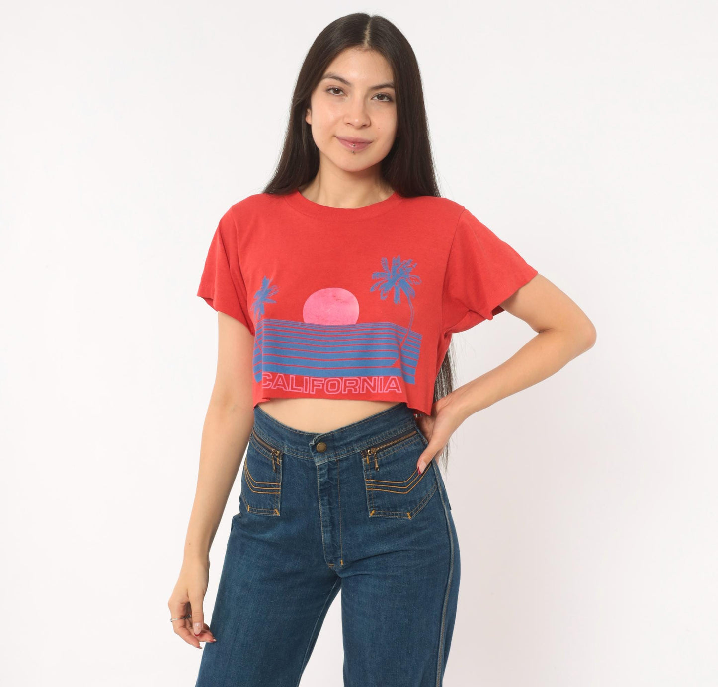 80s California Sunset Crop Top Red Graphic Tee Palm Tree Raglan Medium M
