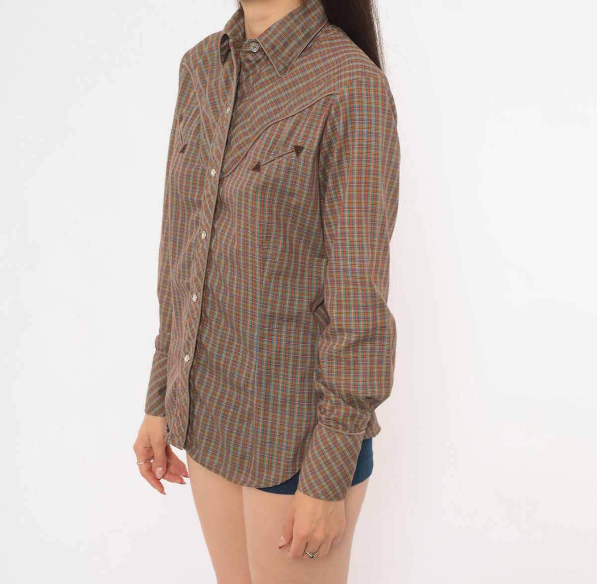 70s Western Plaid Shirt Pearl Snap Brown Blue Check Cotton Yoke Medium M