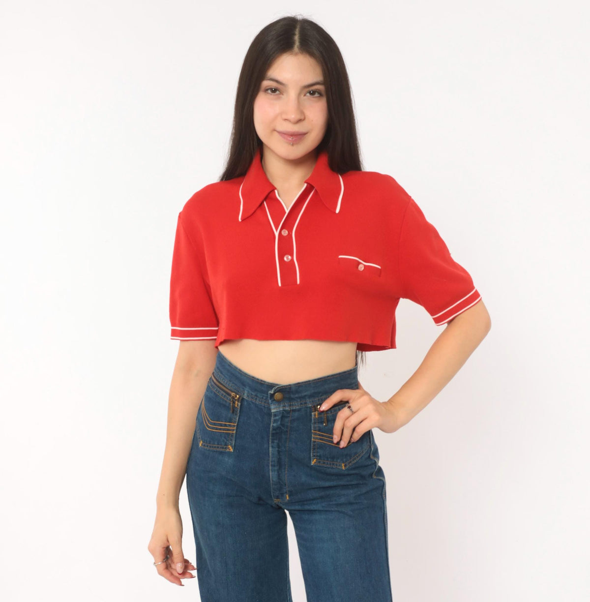 70s Red Cropped Polo White Piping Knit Top Button Front Medium M