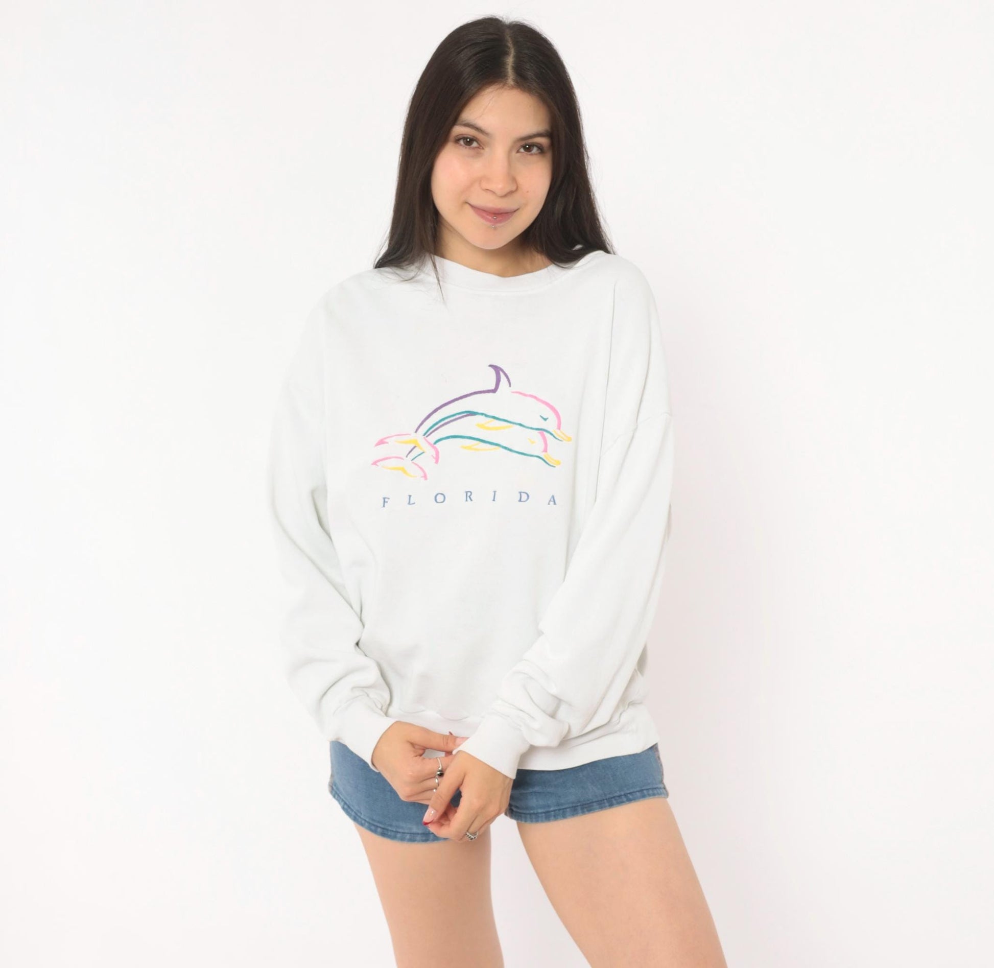 90s Florida Dolphin Graphic Sweatshirt White Crewneck Cotton Pullover Large L