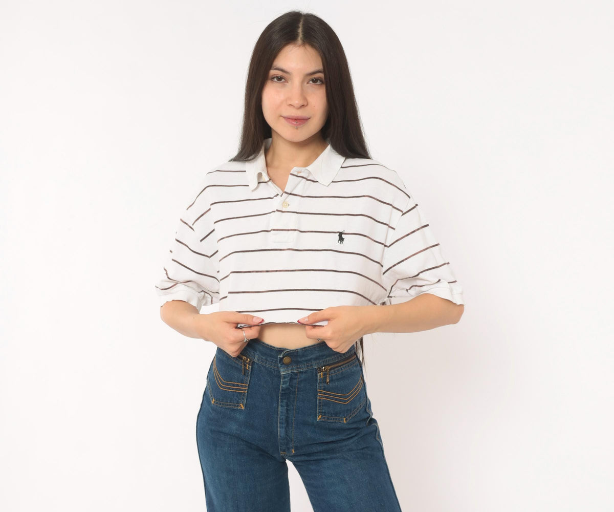 90s Polo Ralph Lauren Striped Cropped Polo Shirt White Brown Cotton Medium