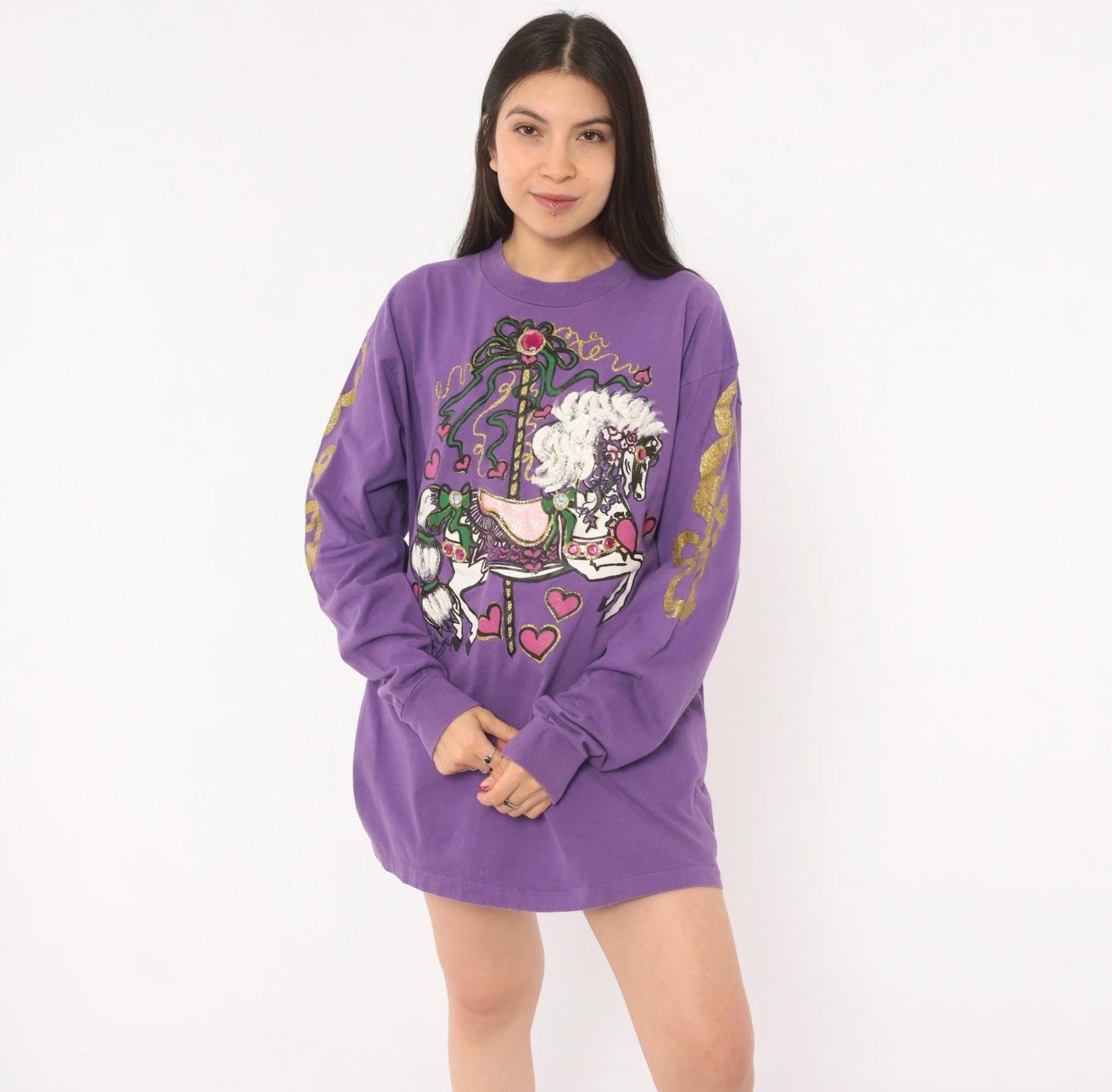 90s Anvil Carousel Horse Purple Glitter Long Sleeve Tee Extra Large