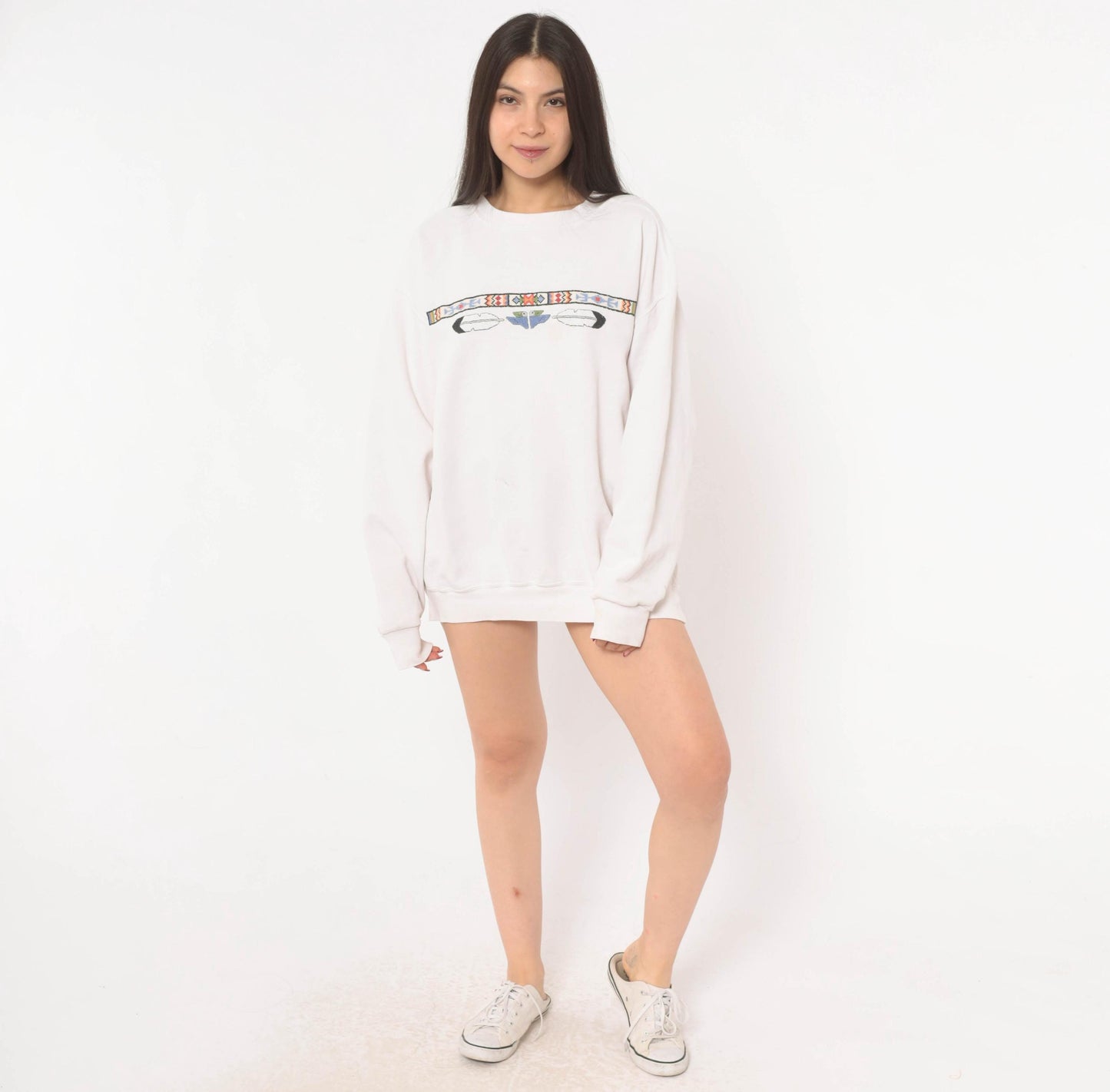90s Sunbelt Southwestern Sweatshirt Cross Stitch Embroidered Eagle Cream Cotton Large