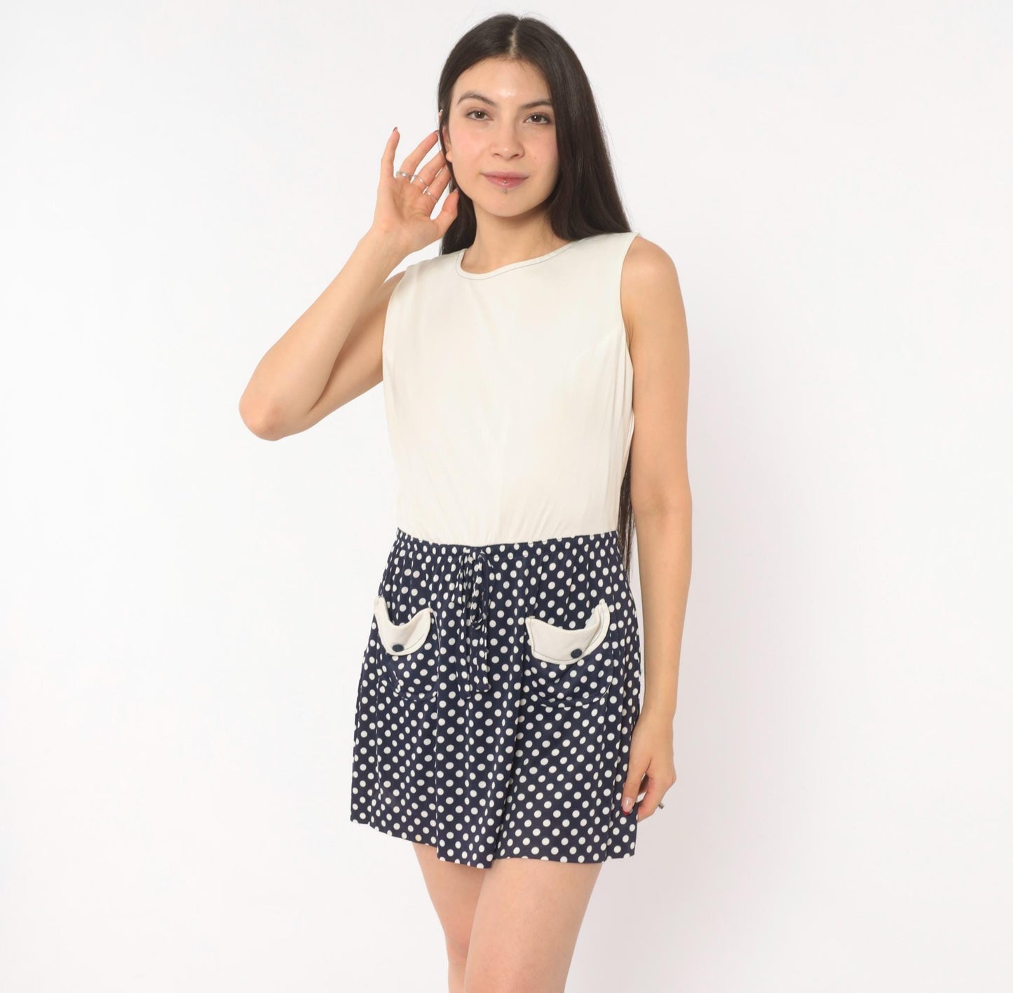 60s Jerell Two-Tone Polka Dot Mini Dress Navy Cream Mod Shift Medium M