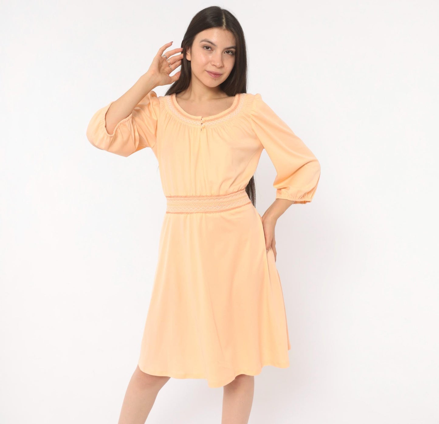 70s Peach Peasant Dress Puff Sleeve Smocked Embroidery Knee Length Large L