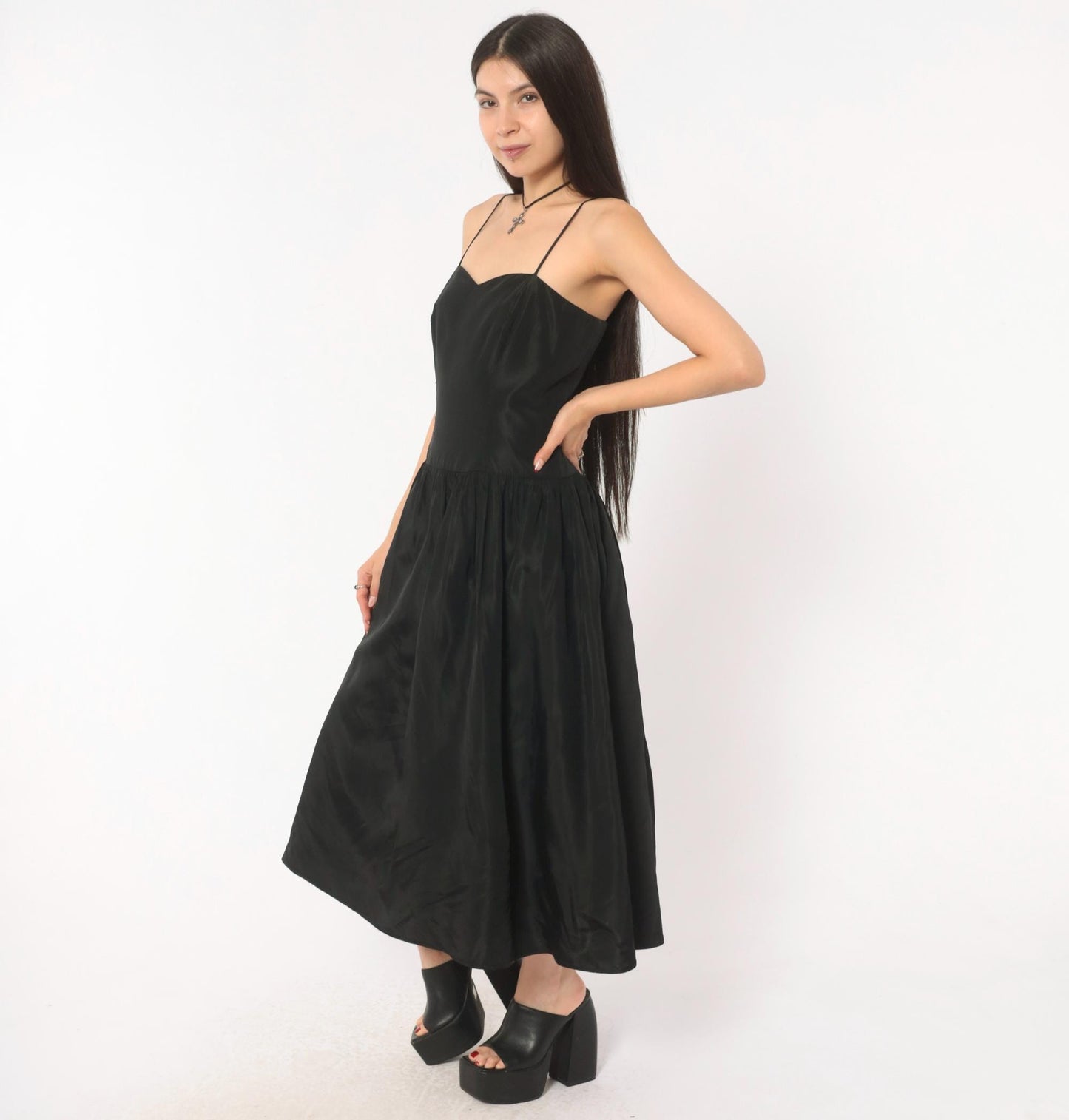 90s Black Sweetheart Midi Dress Spaghetti Strap Drop Waist Medium