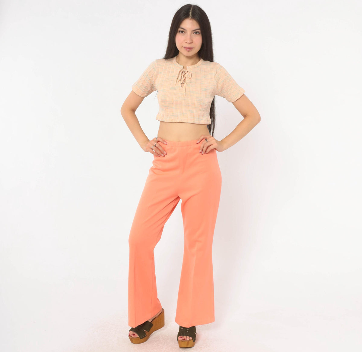 70s Peach Flare Pants High Rise Bell Bottom Trousers Knit Large L