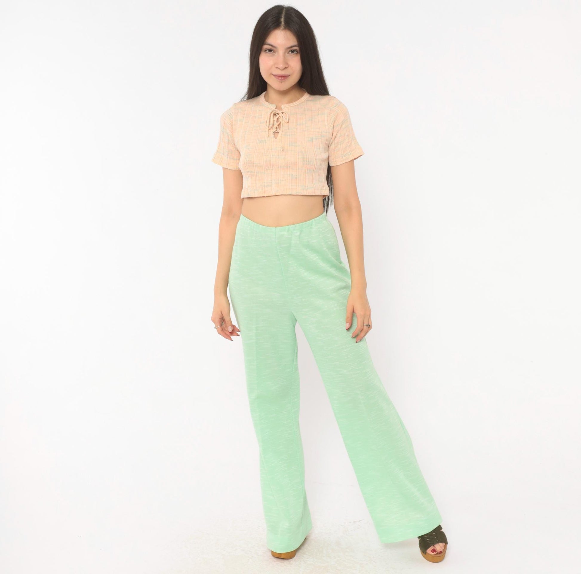 70s Mint Green Flare Pants High Rise Bell Bottom Wide Leg Medium Large
