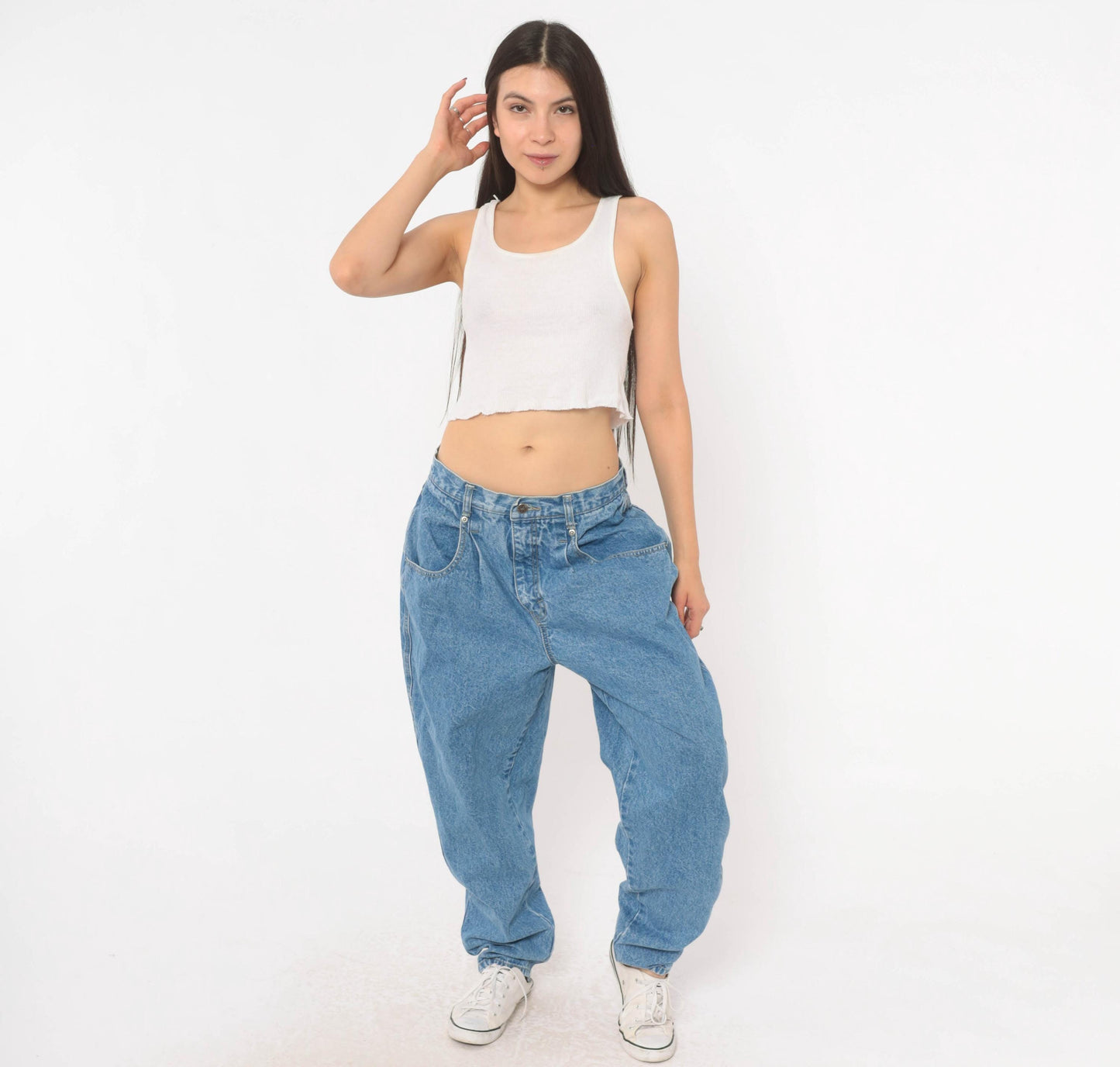 90s Brittania High-Waisted Baggy Jeans Medium Wash Tapered Leg Women's 33